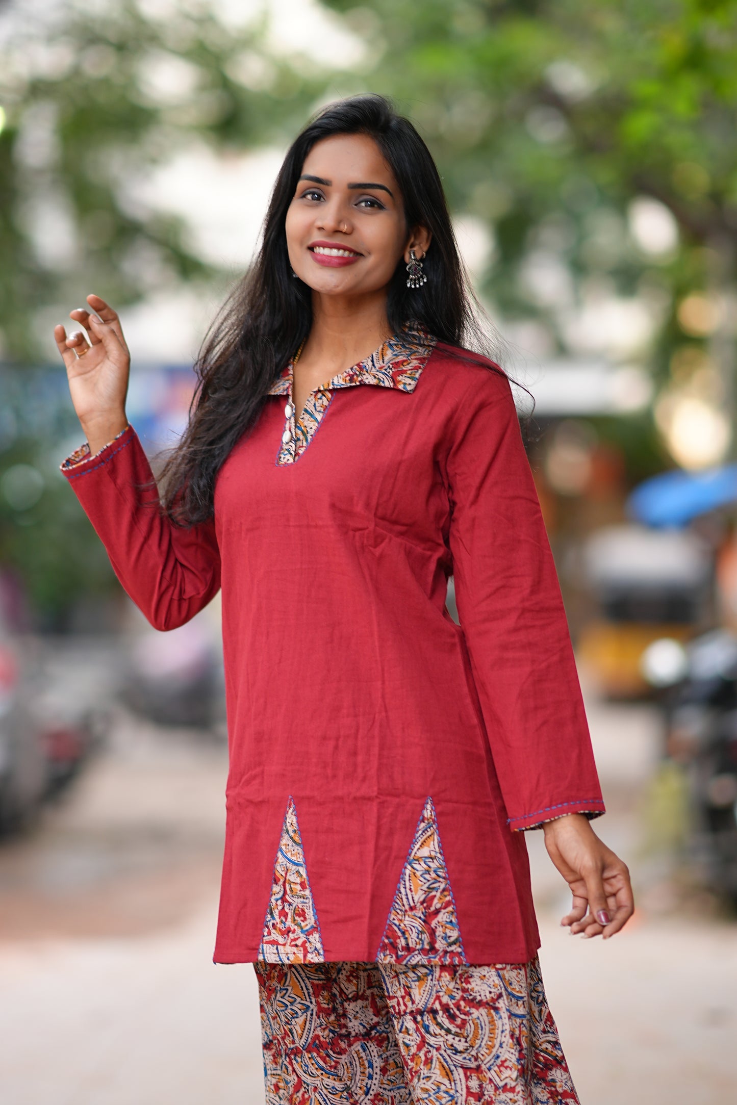 Red Color Kali Pattern Kalamkari Print Cord Set