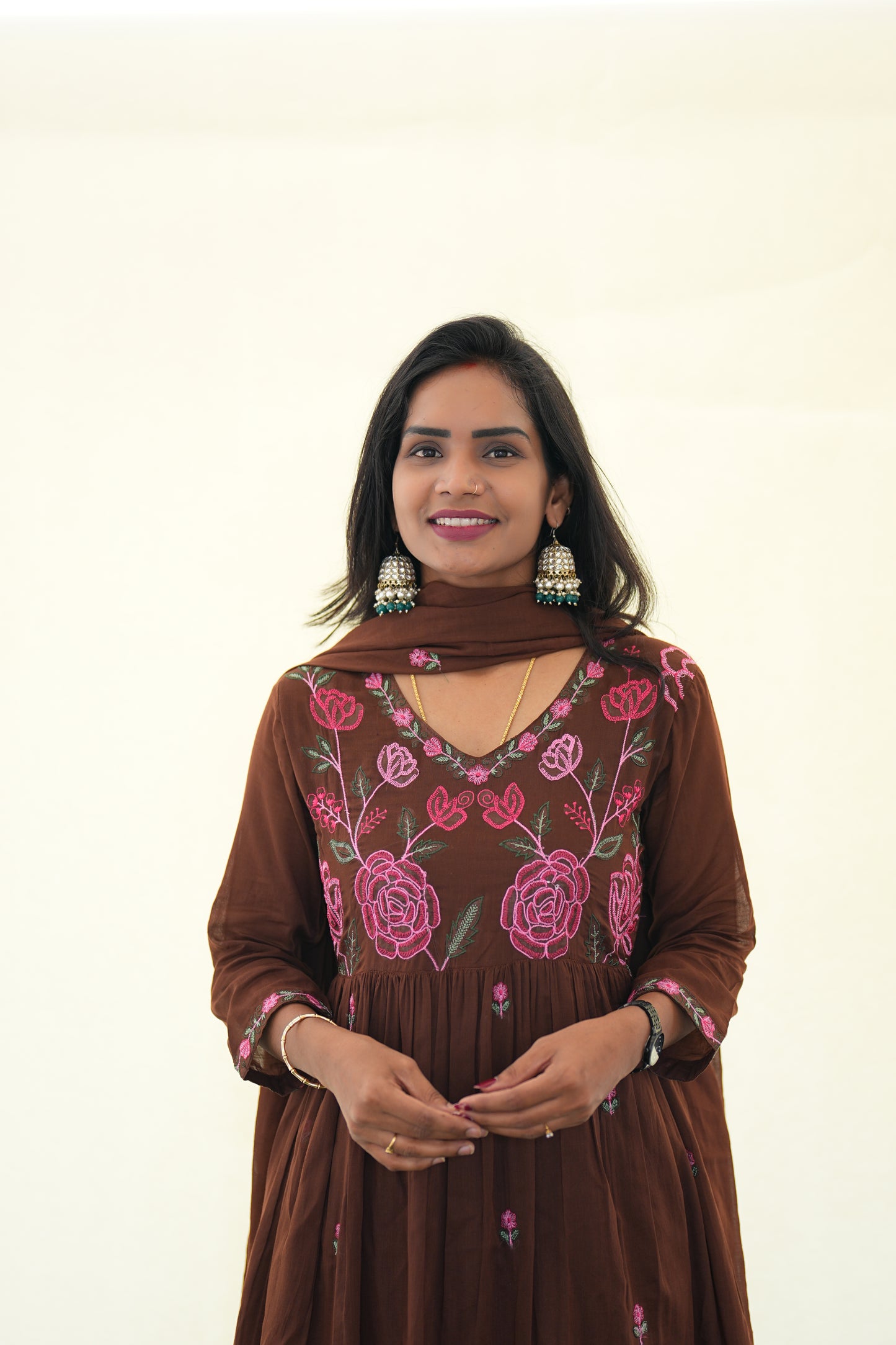 Brown Color Mul Cotton 3 Piece Set with Complete Lining and embroidery Work