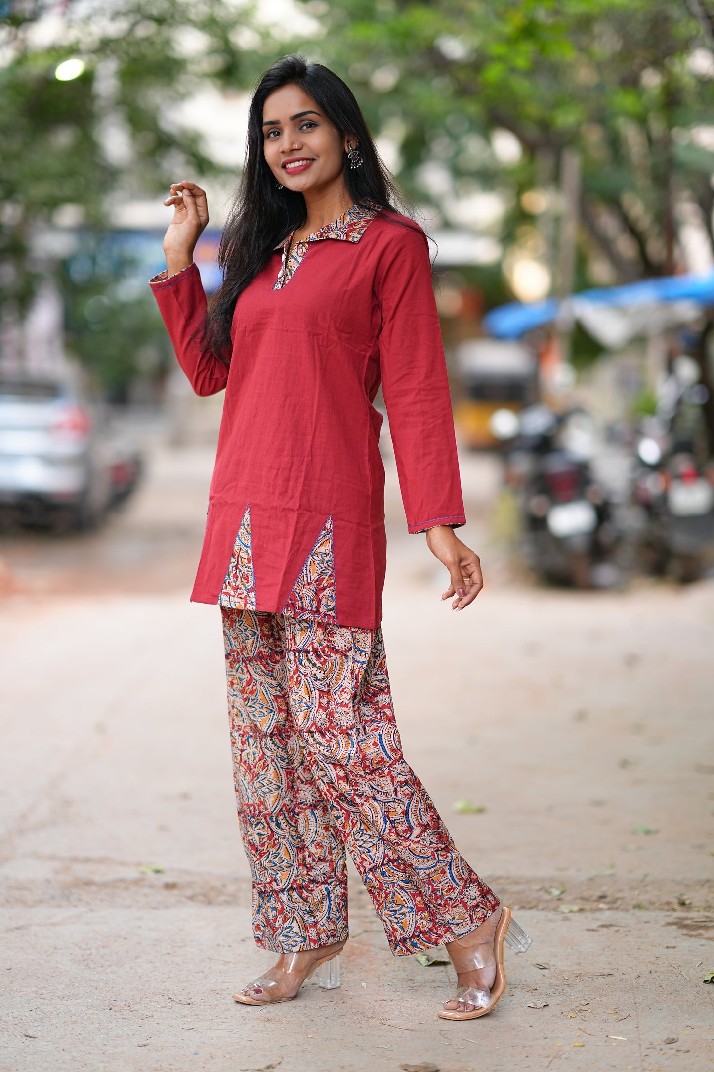 Red Color Kali Pattern Kalamkari Print Cord Set