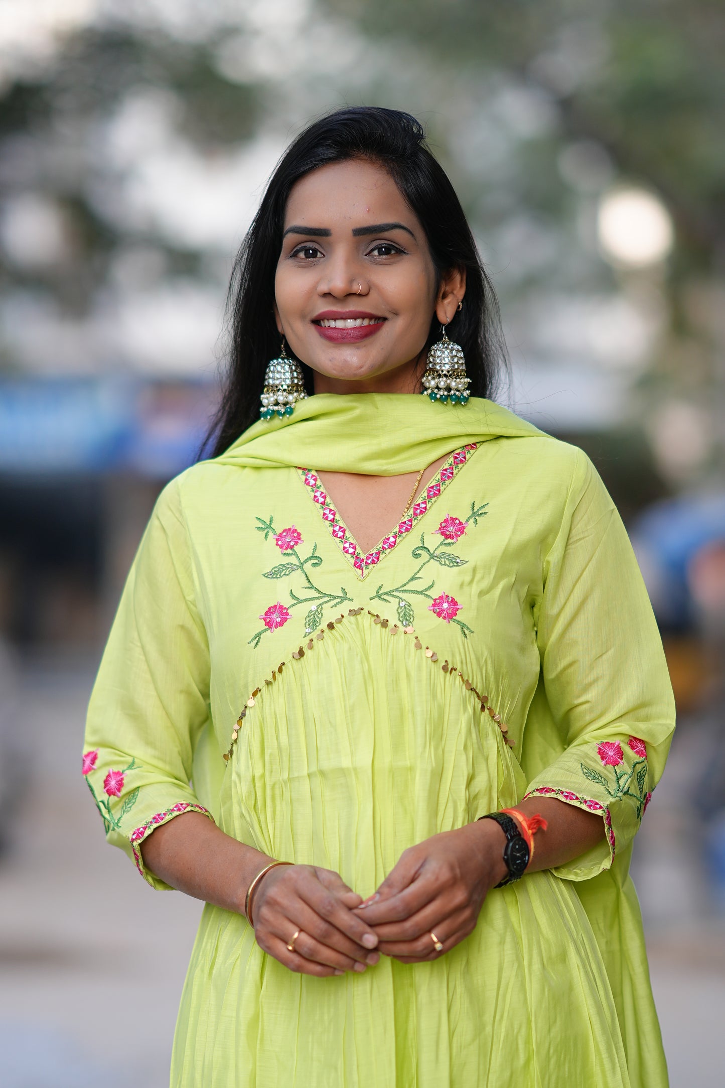 Parrot Green Color Mul Chanderi Festive Wear 3 Piece Set With With Full Lining