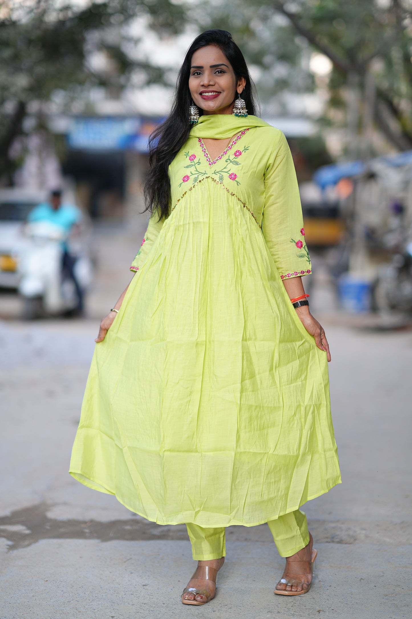 Parrot Green Color Mul Chanderi Festive Wear 3 Piece Set With With Full Lining