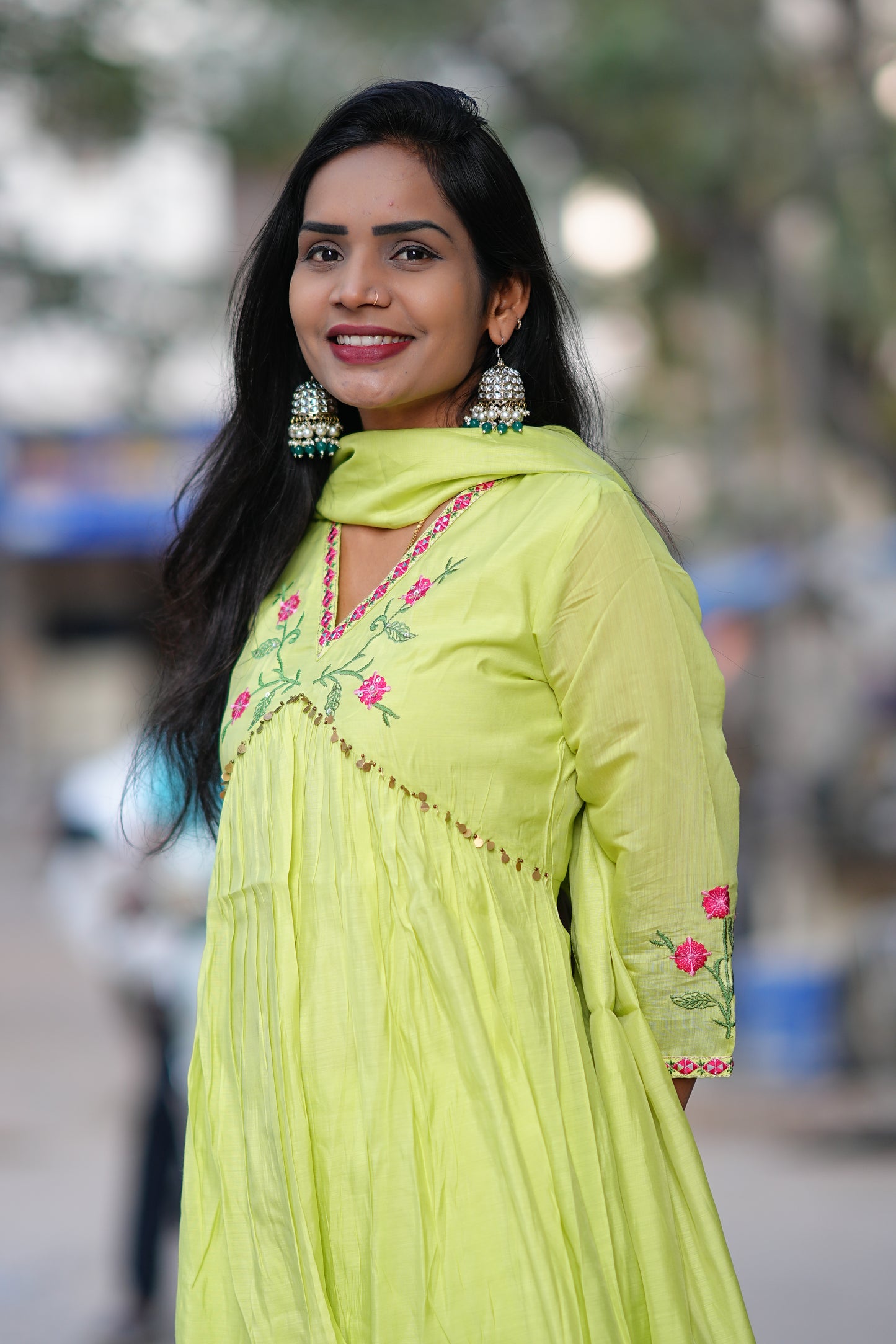 Parrot Green Color Mul Chanderi Festive Wear 3 Piece Set With With Full Lining