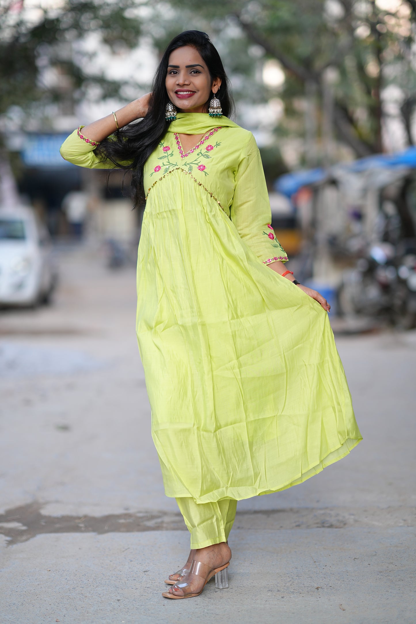 Parrot Green Color Mul Chanderi Festive Wear 3 Piece Set With With Full Lining