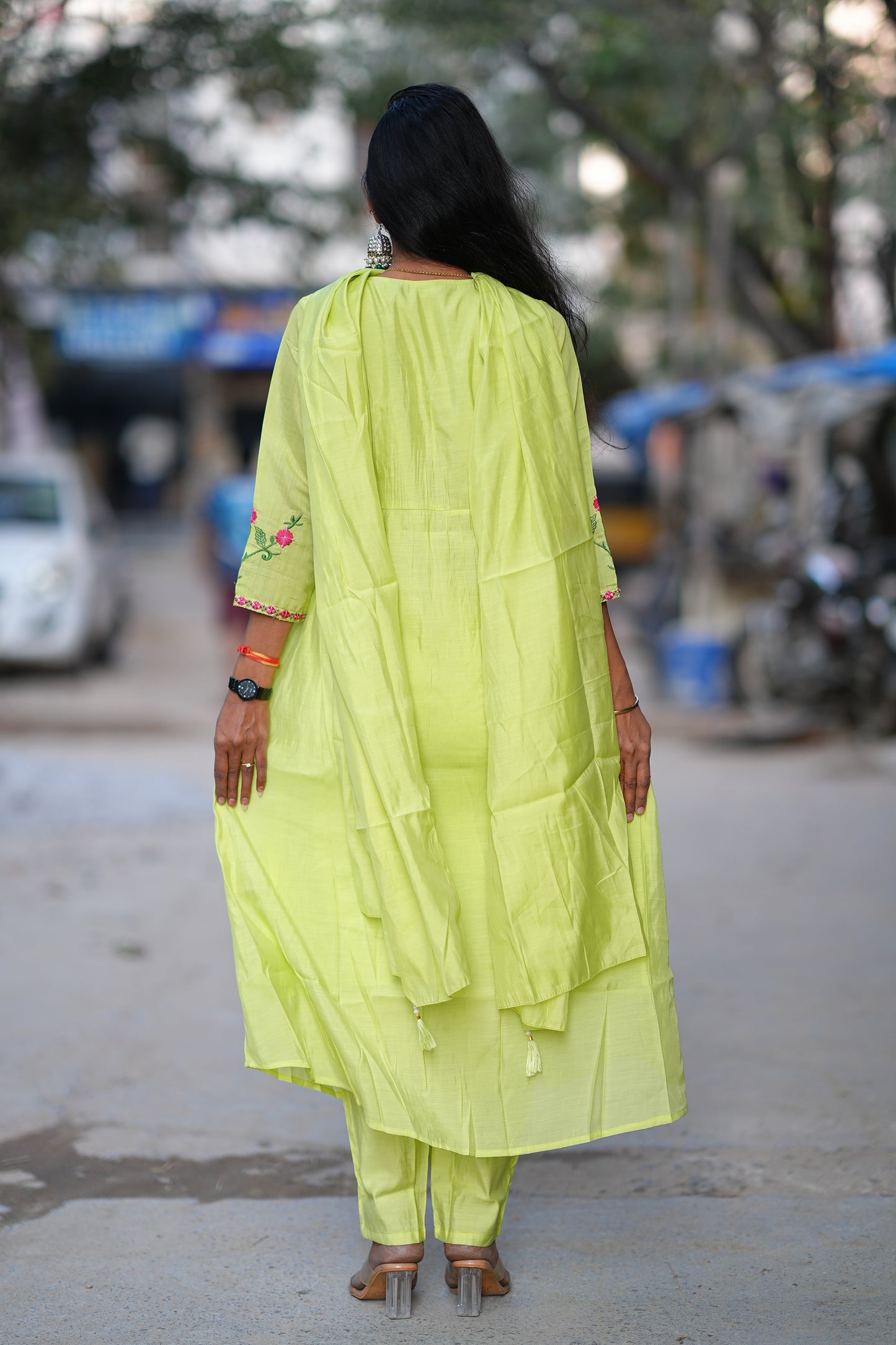 Parrot Green Color Mul Chanderi Festive Wear 3 Piece Set With With Full Lining