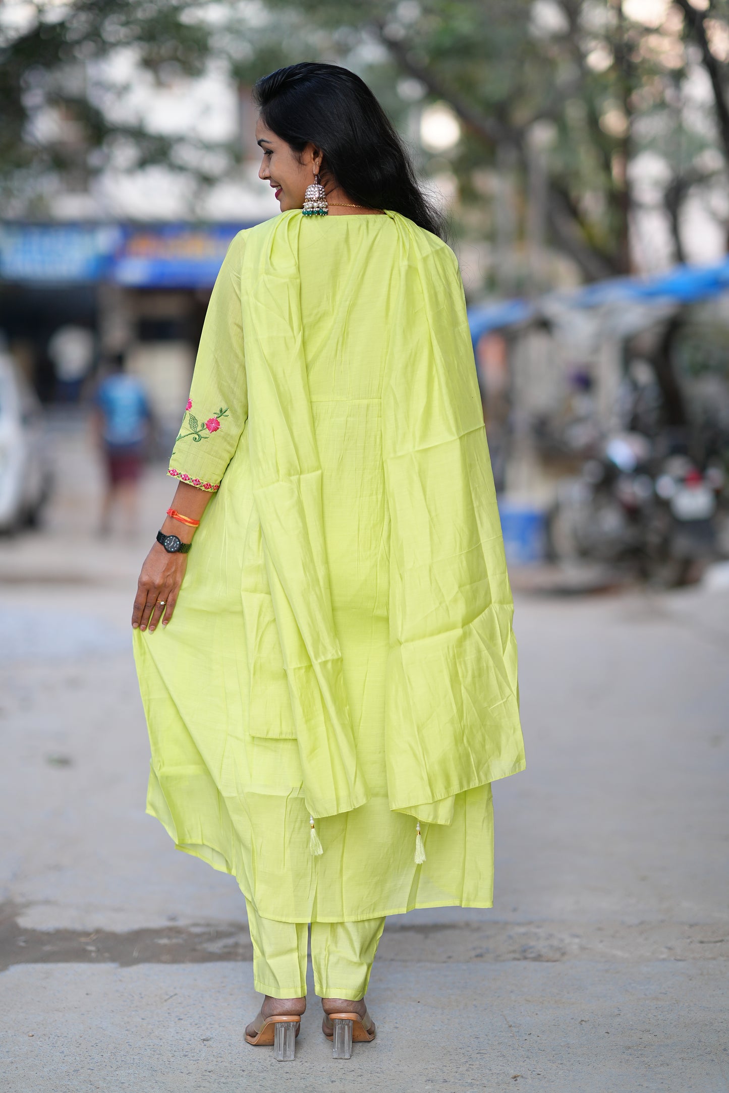 Parrot Green Color Mul Chanderi Festive Wear 3 Piece Set With With Full Lining