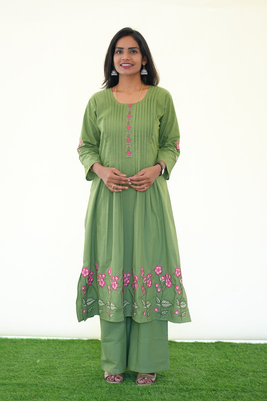 Green Color Jaipur Cotton Office Wear Cordset With embripodary Work
