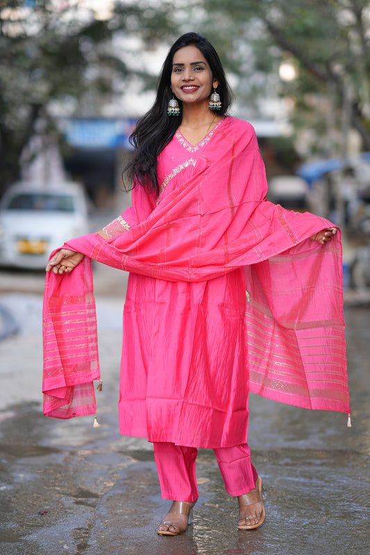 Pink color Festive Wear Anarkali 3 Piece Set