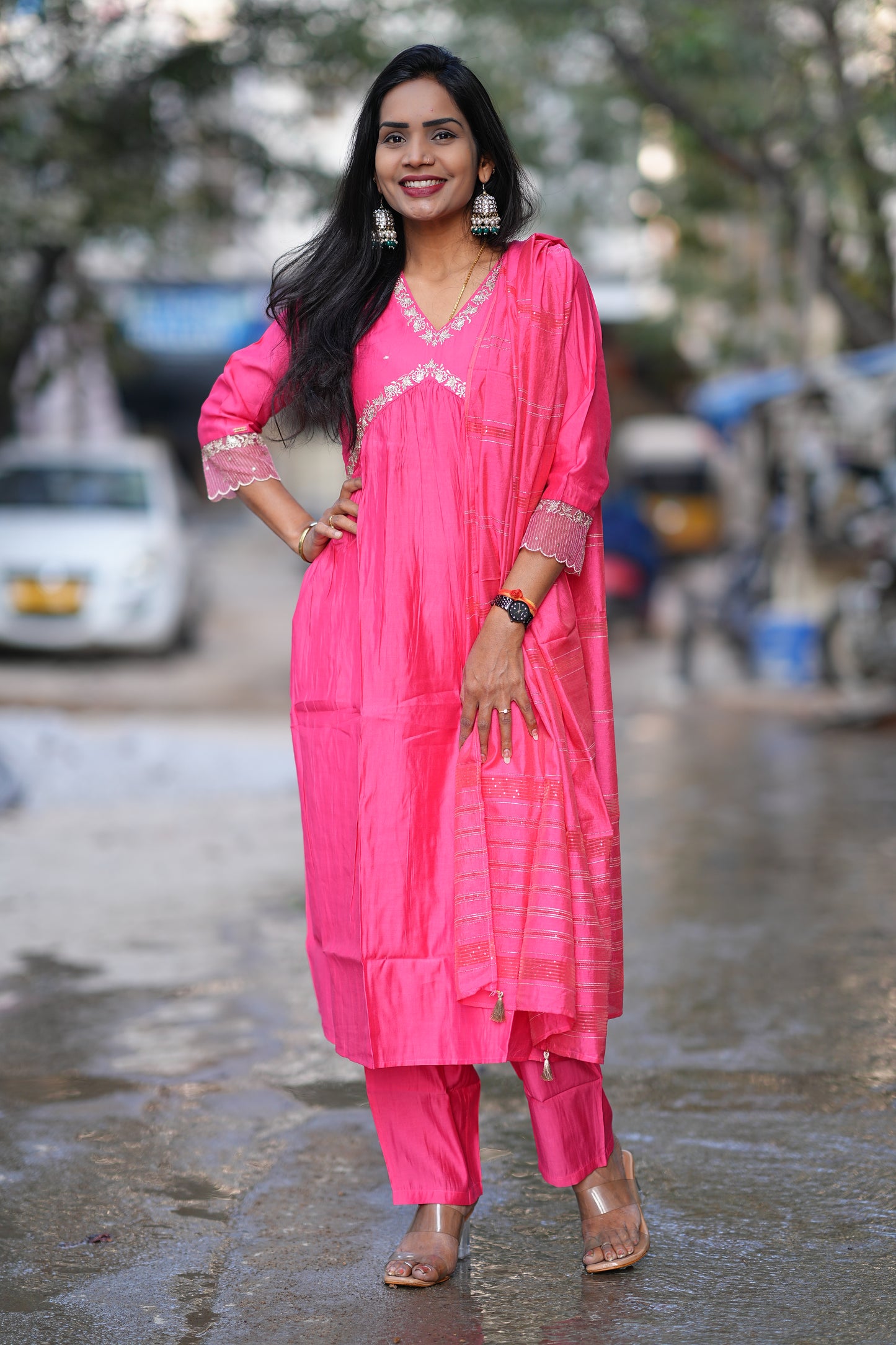 Pink color Festive Wear Anarkali 3 Piece Set