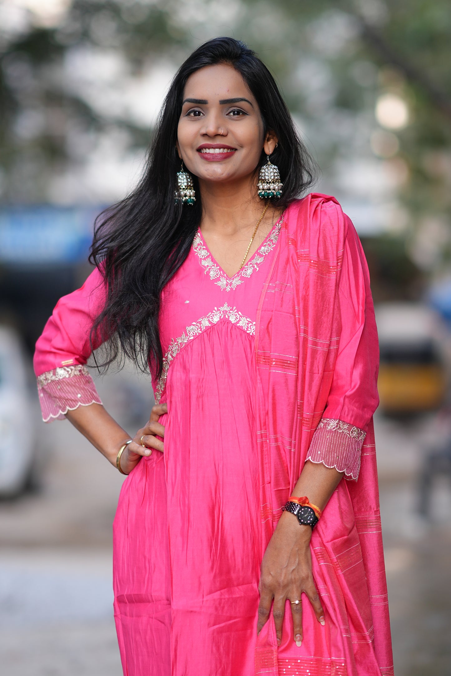 Pink color Festive Wear Anarkali 3 Piece Set