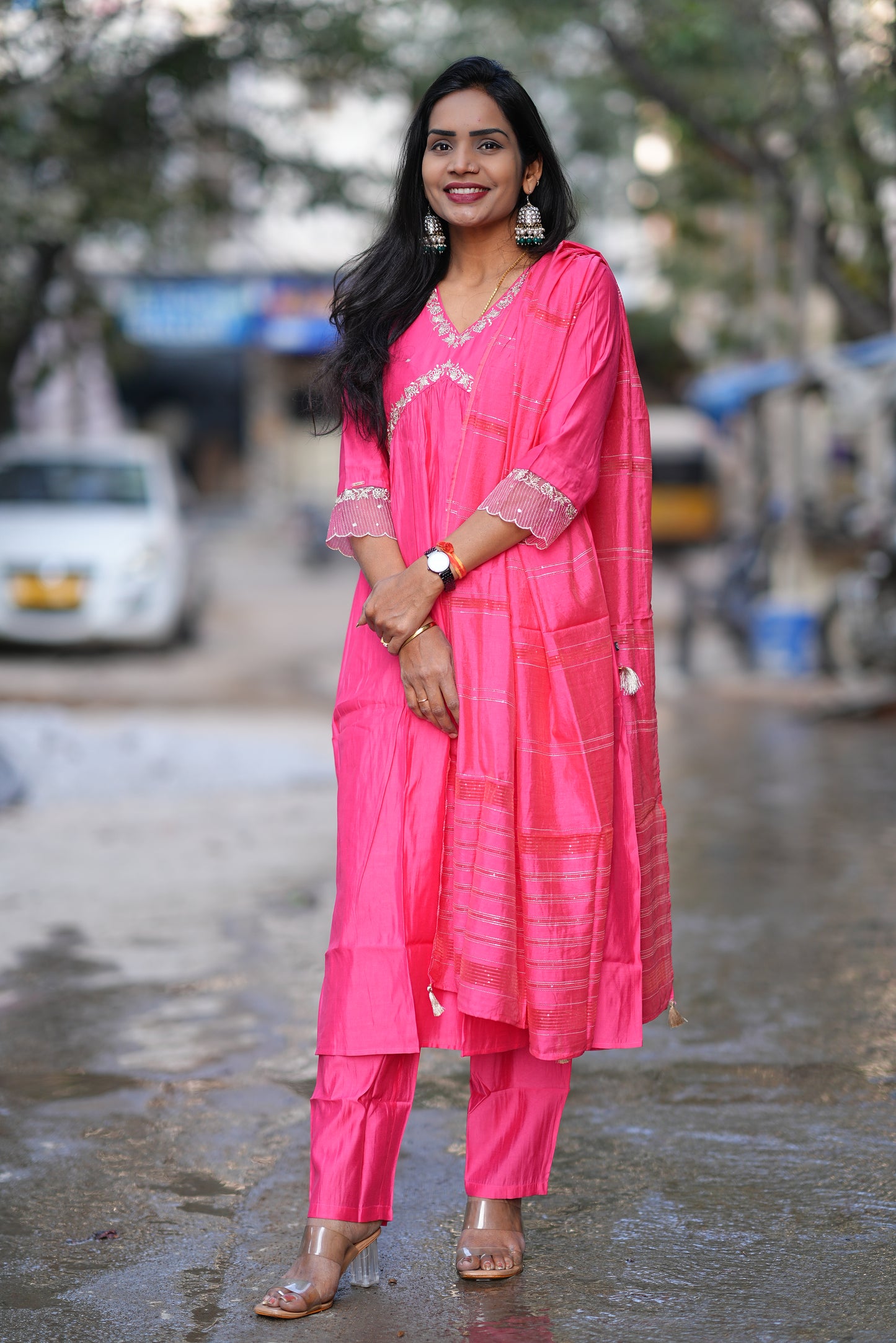 Pink color Festive Wear Anarkali 3 Piece Set