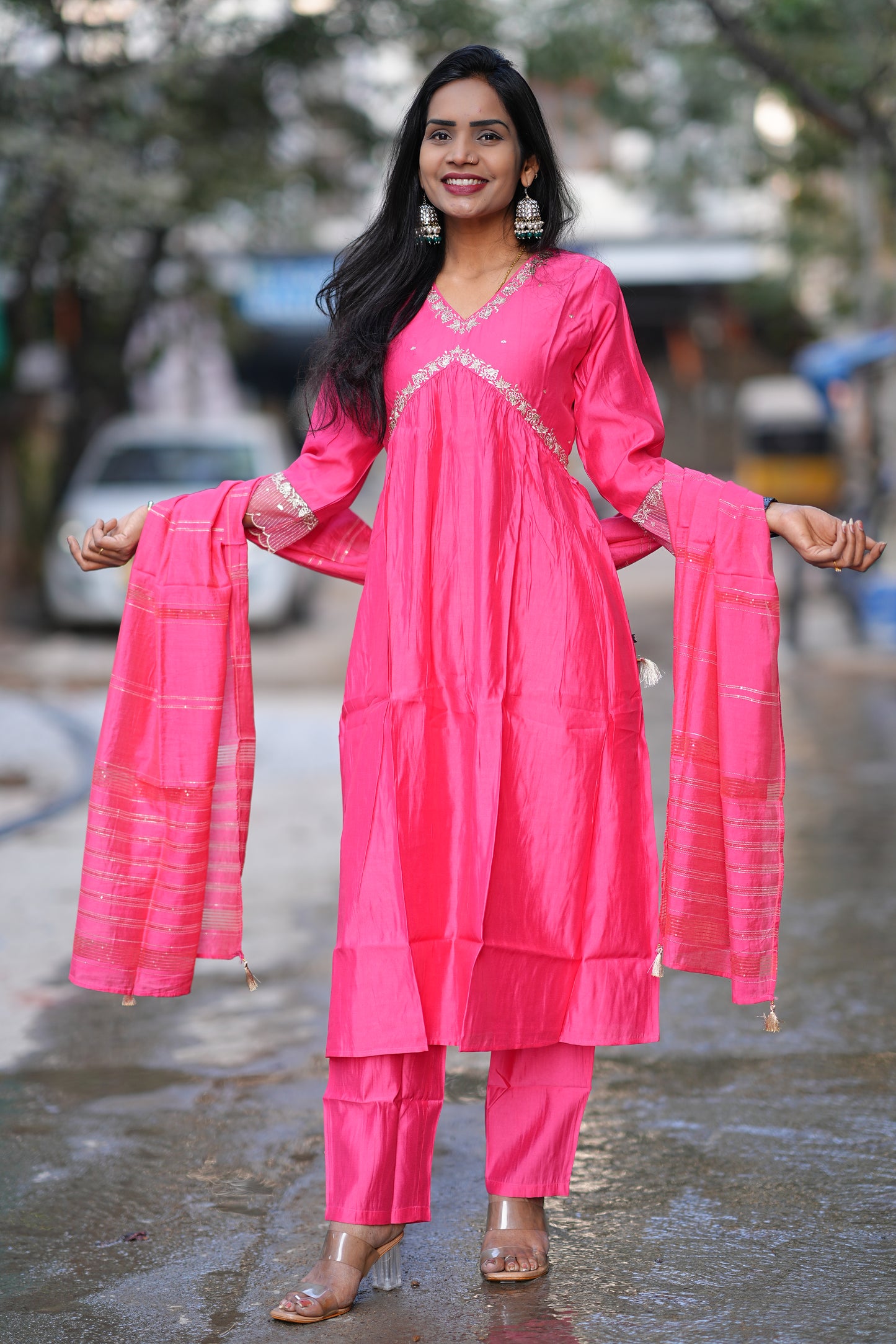 Pink color Festive Wear Anarkali 3 Piece Set
