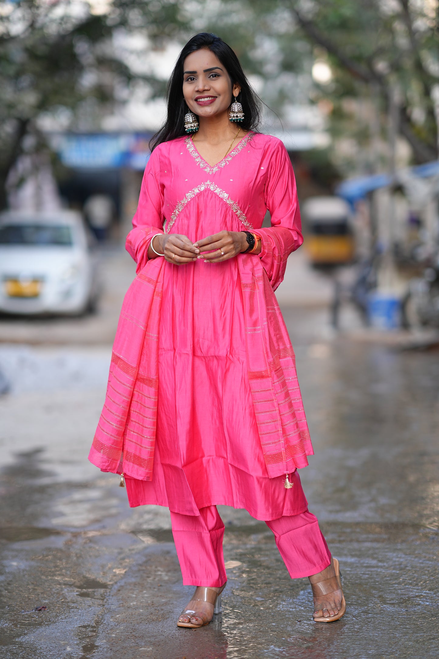 Pink color Festive Wear Anarkali 3 Piece Set