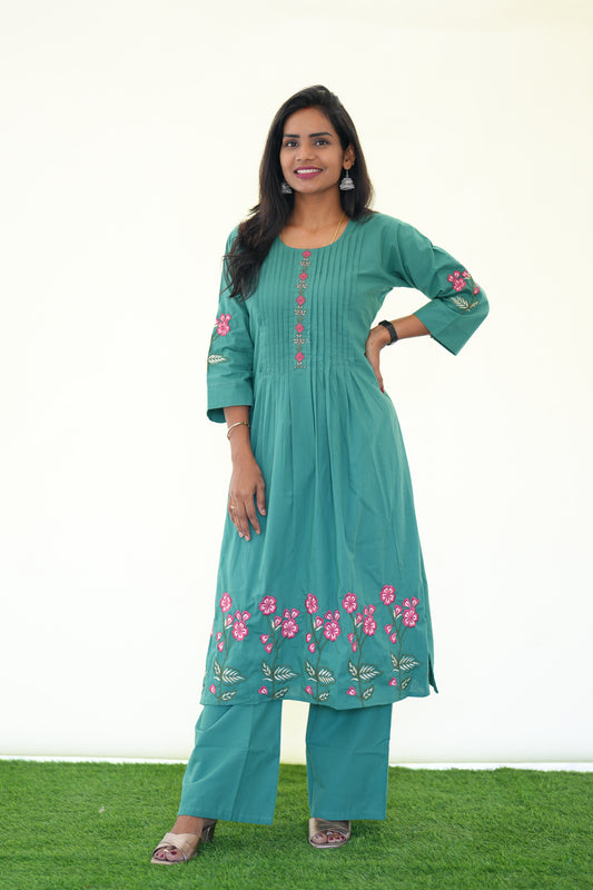 Teal Green Color Jaipur Cotton office wear cord set with Embroidery work