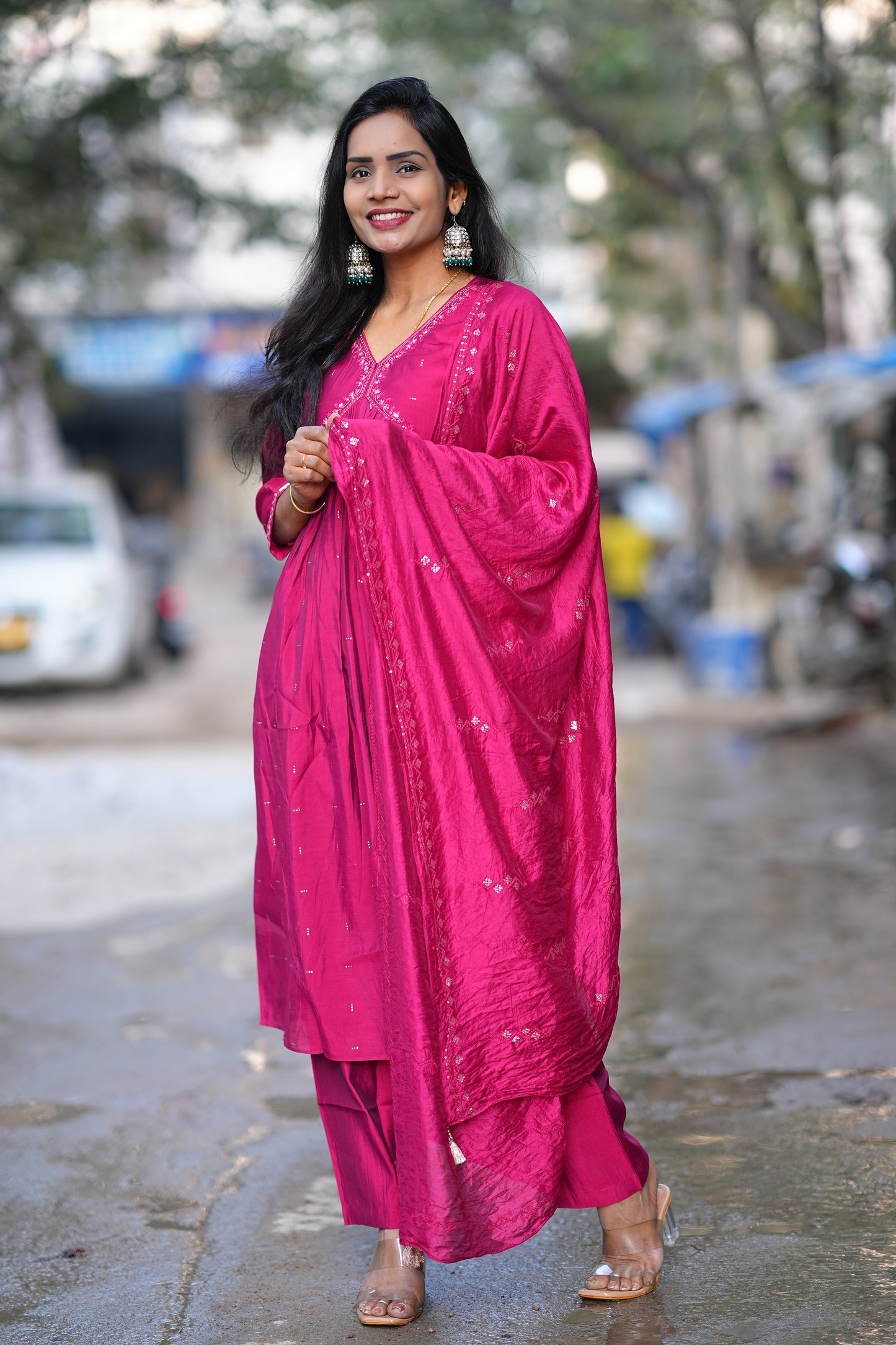 Rani Pink Color Festive Wear Anarkali 3 Piece Set