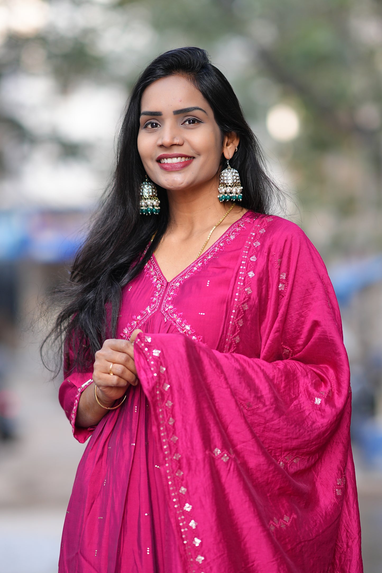 Rani Pink Color Festive Wear Anarkali 3 Piece Set