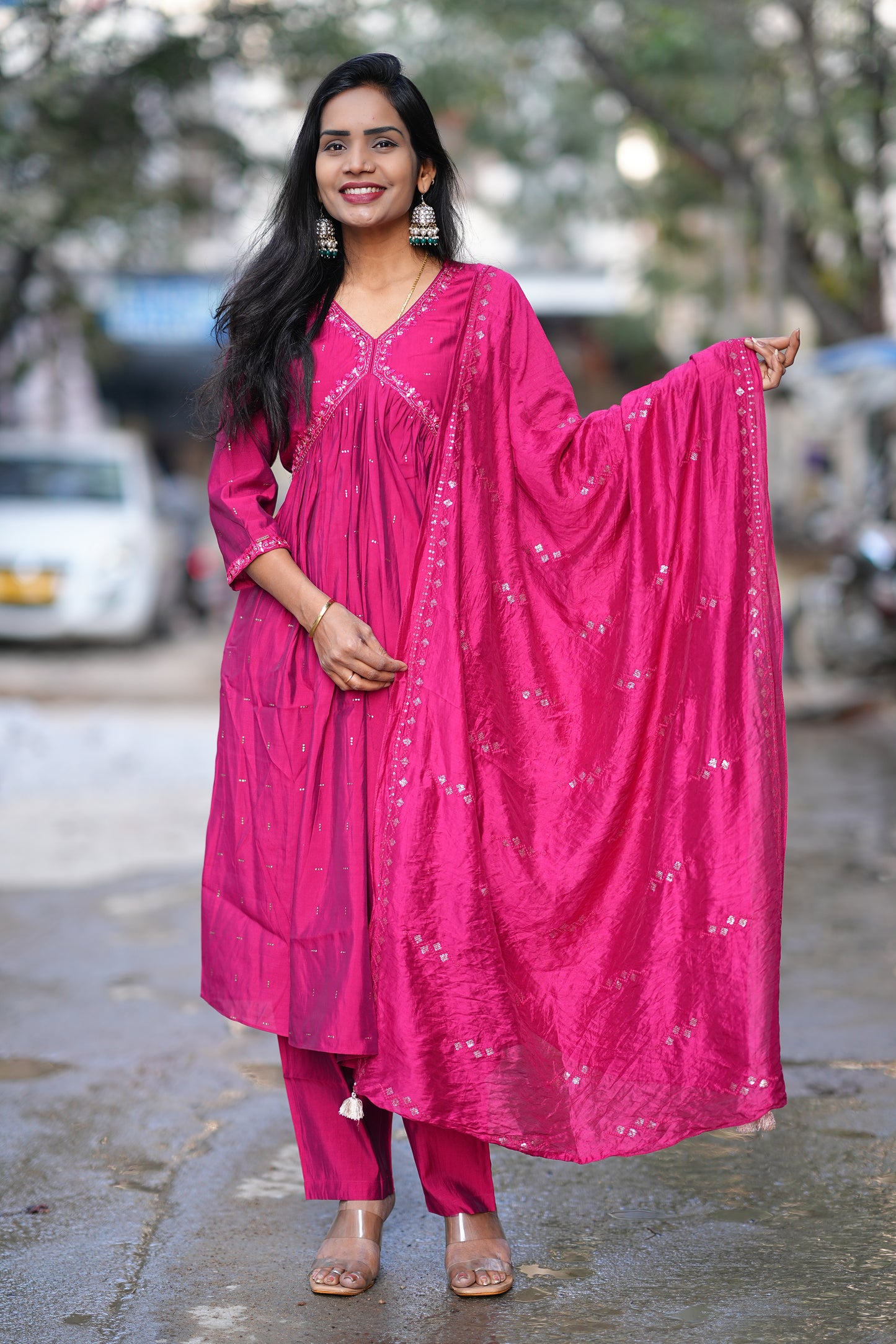 Rani Pink Color Festive Wear Anarkali 3 Piece Set