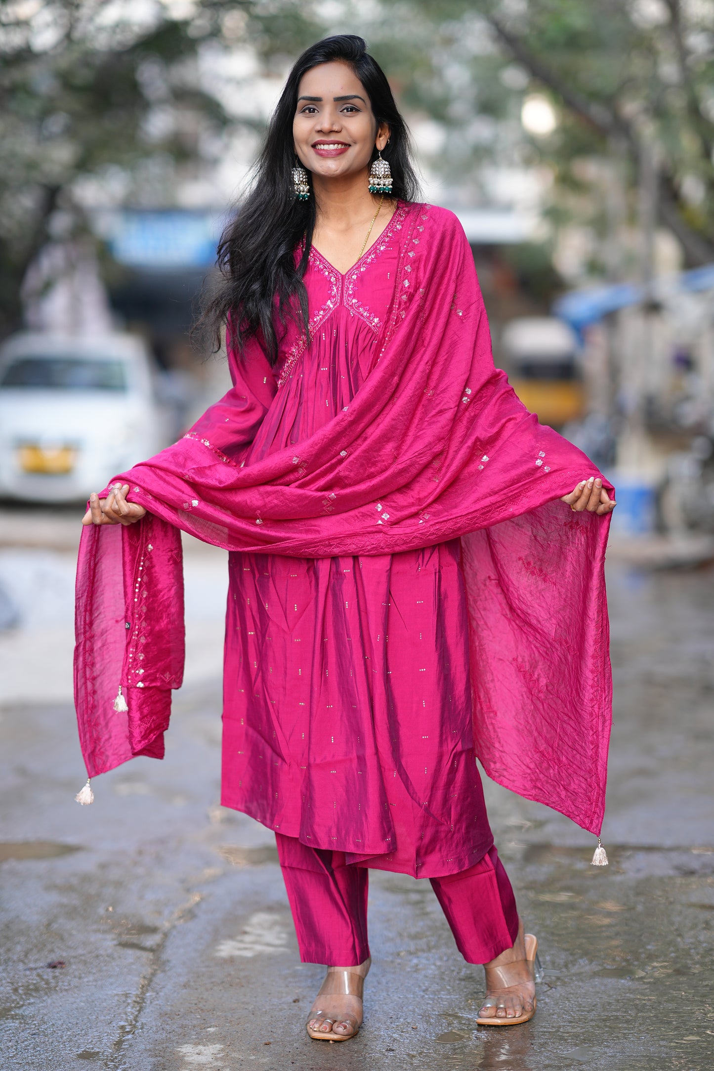 Rani Pink Color Festive Wear Anarkali 3 Piece Set