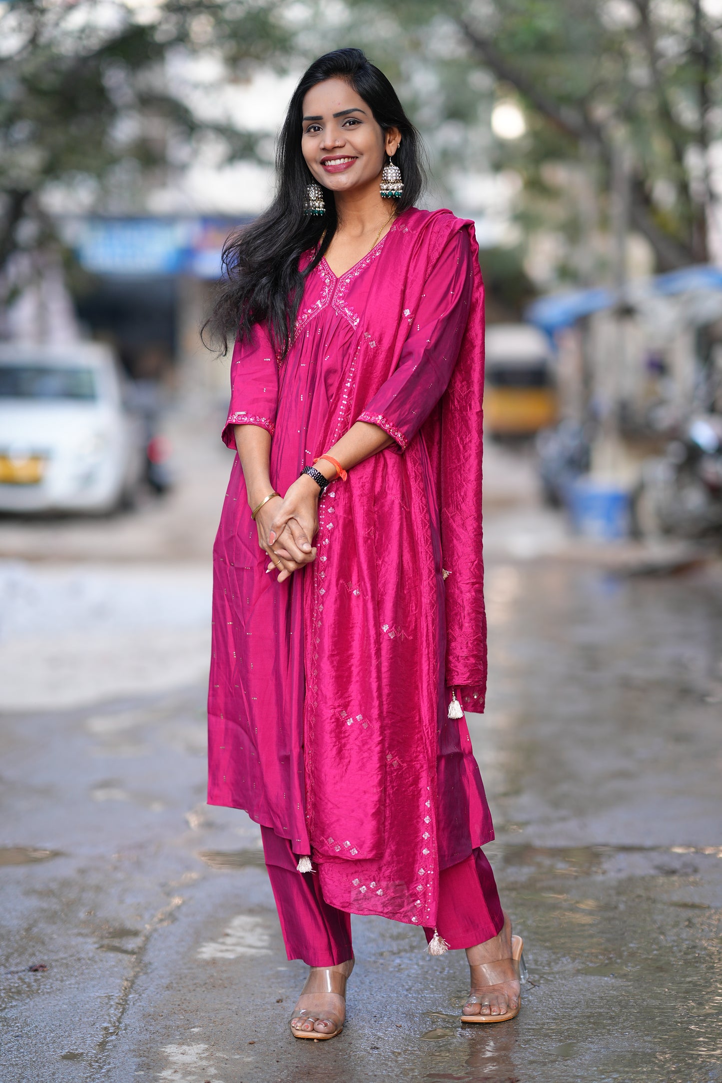 Rani Pink Color Festive Wear Anarkali 3 Piece Set