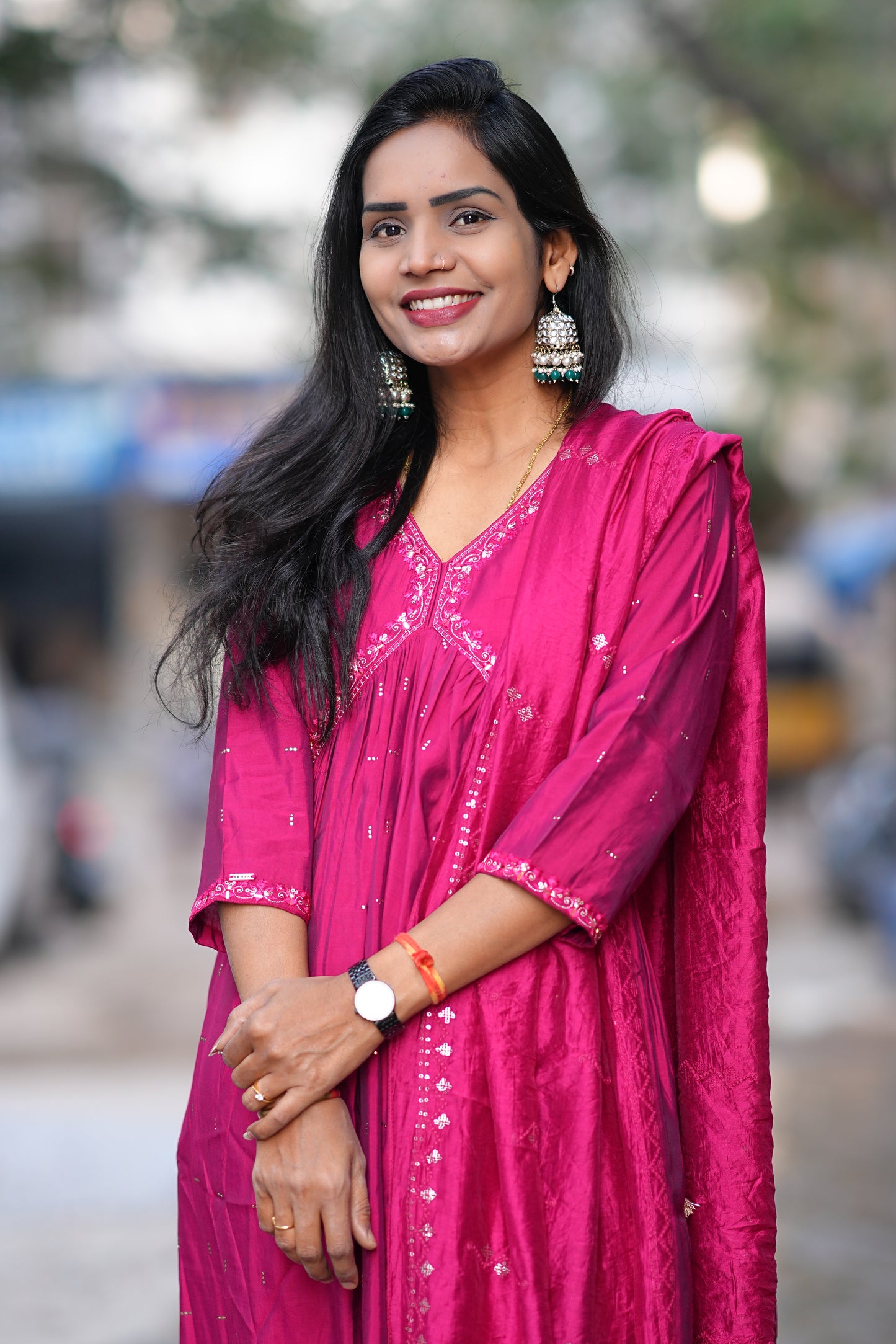 Rani Pink Color Festive Wear Anarkali 3 Piece Set