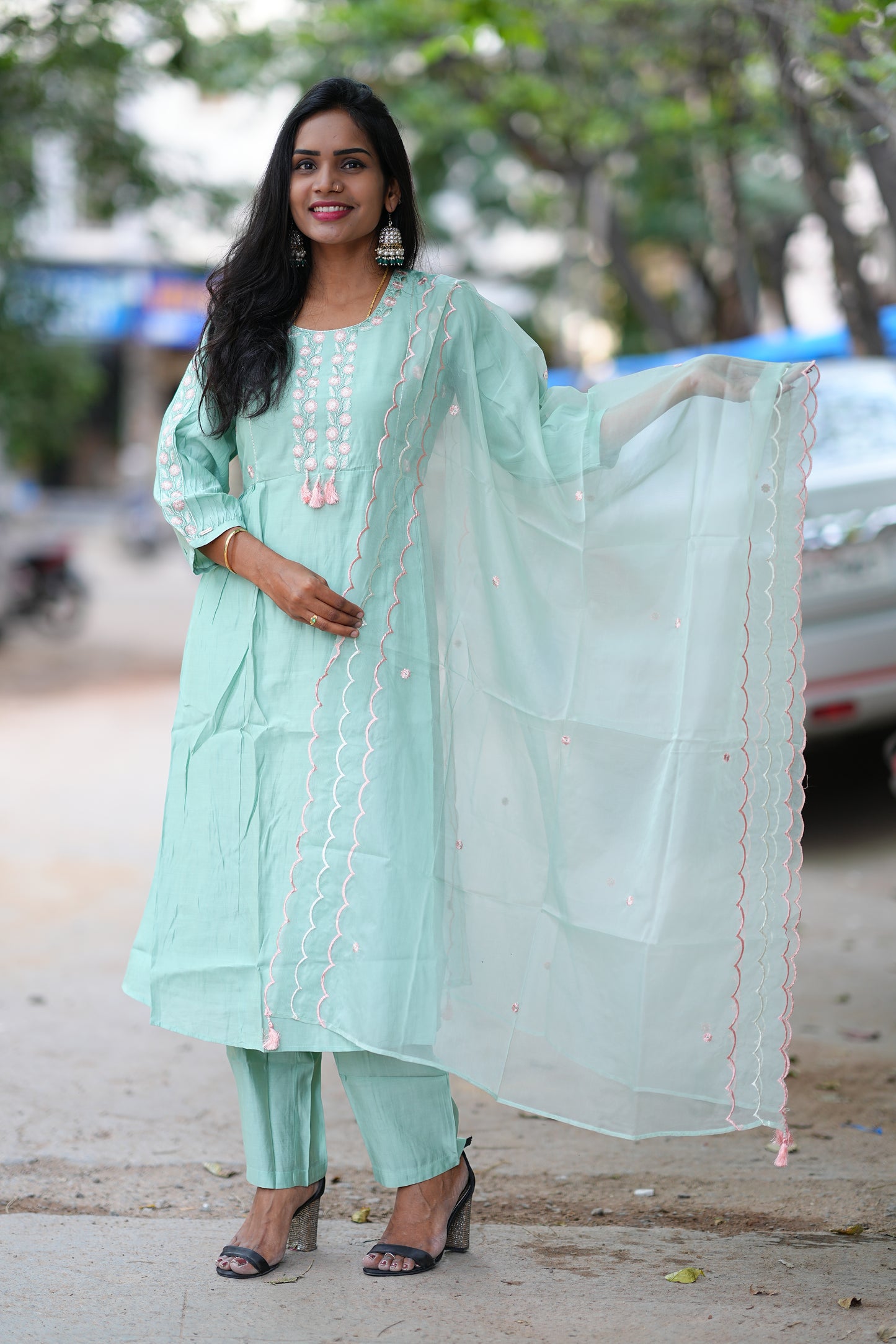 Pistachio Colored Party Wear 3 Piece Set