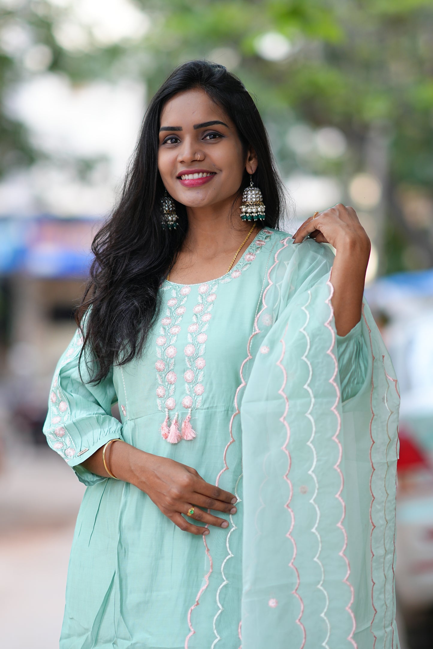 Pistachio Colored Party Wear 3 Piece Set