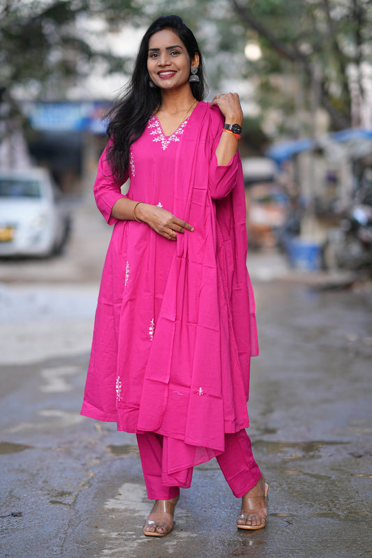 Pink Color 92.5 Jaipur Cotton 3 Piece Set With Embroidery Work