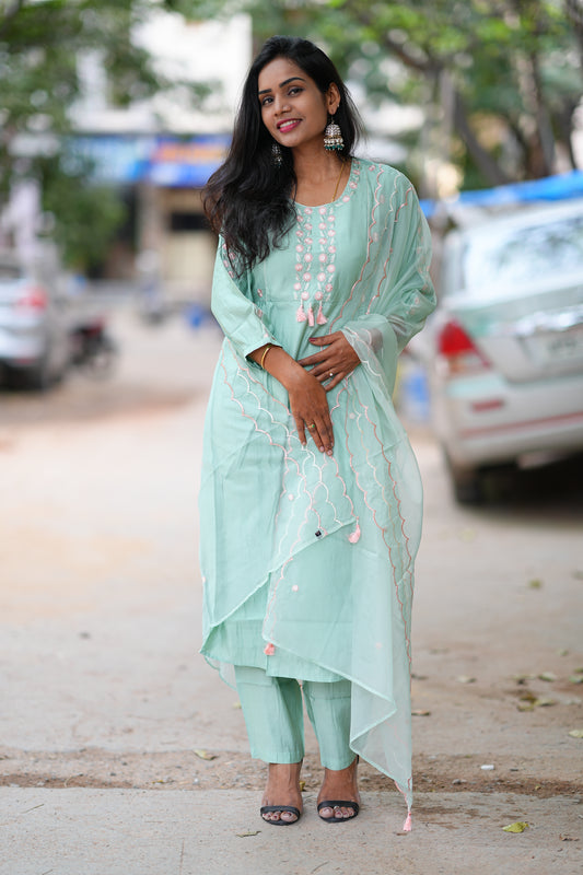 Pistachio Colored Party Wear 3 Piece Set