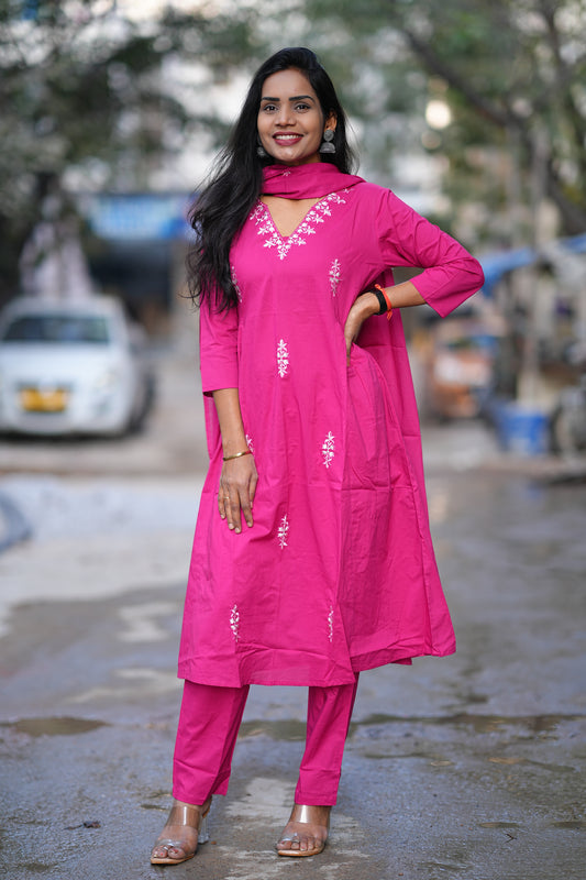 Pink Color 92.5 Jaipur Cotton 3 Piece Set With Embroidery Work