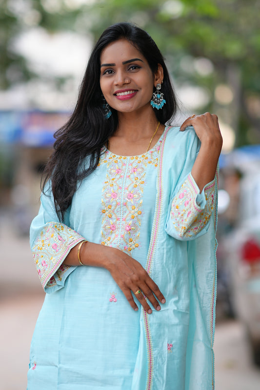 Sky Blue Color Festive Wear 3 Piece Set in Viscose Fabric