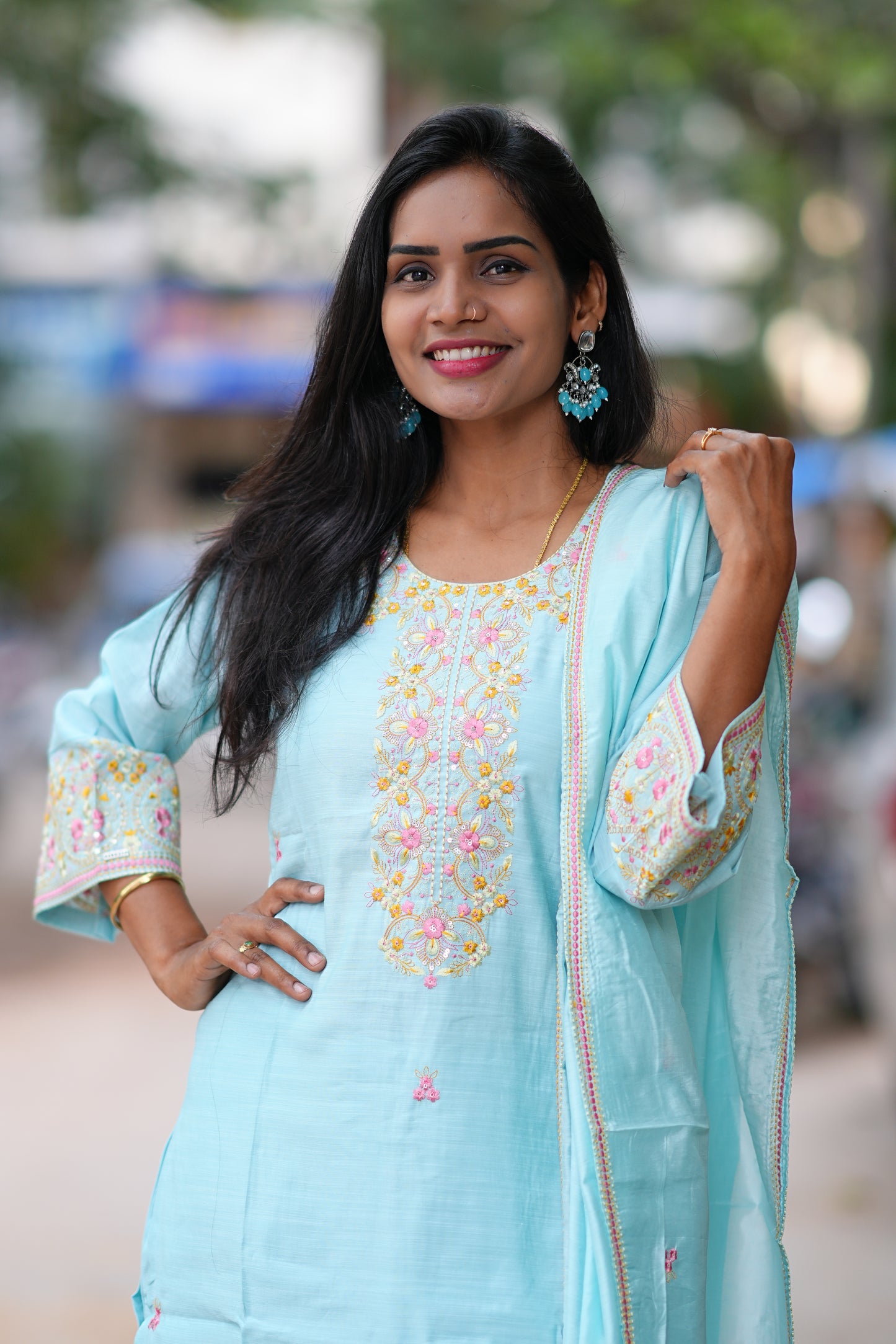 Sky Blue Color Festive Wear 3 Piece Set in Viscose Fabric