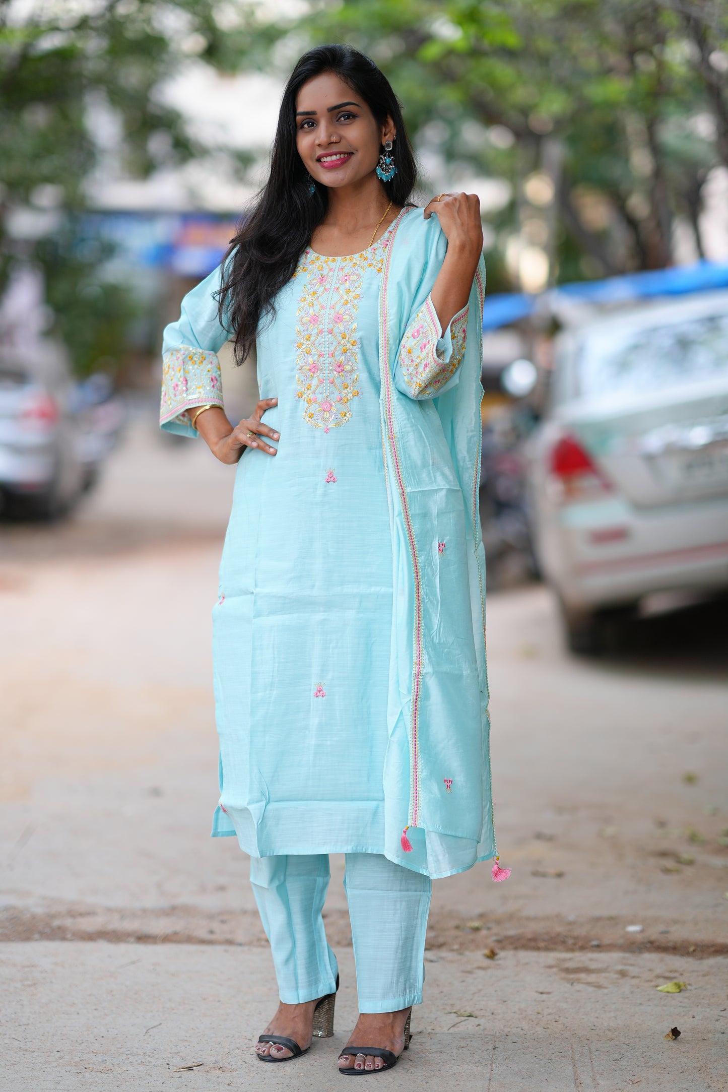 Sky Blue Color Festive Wear 3 Piece Set in Viscose Fabric
