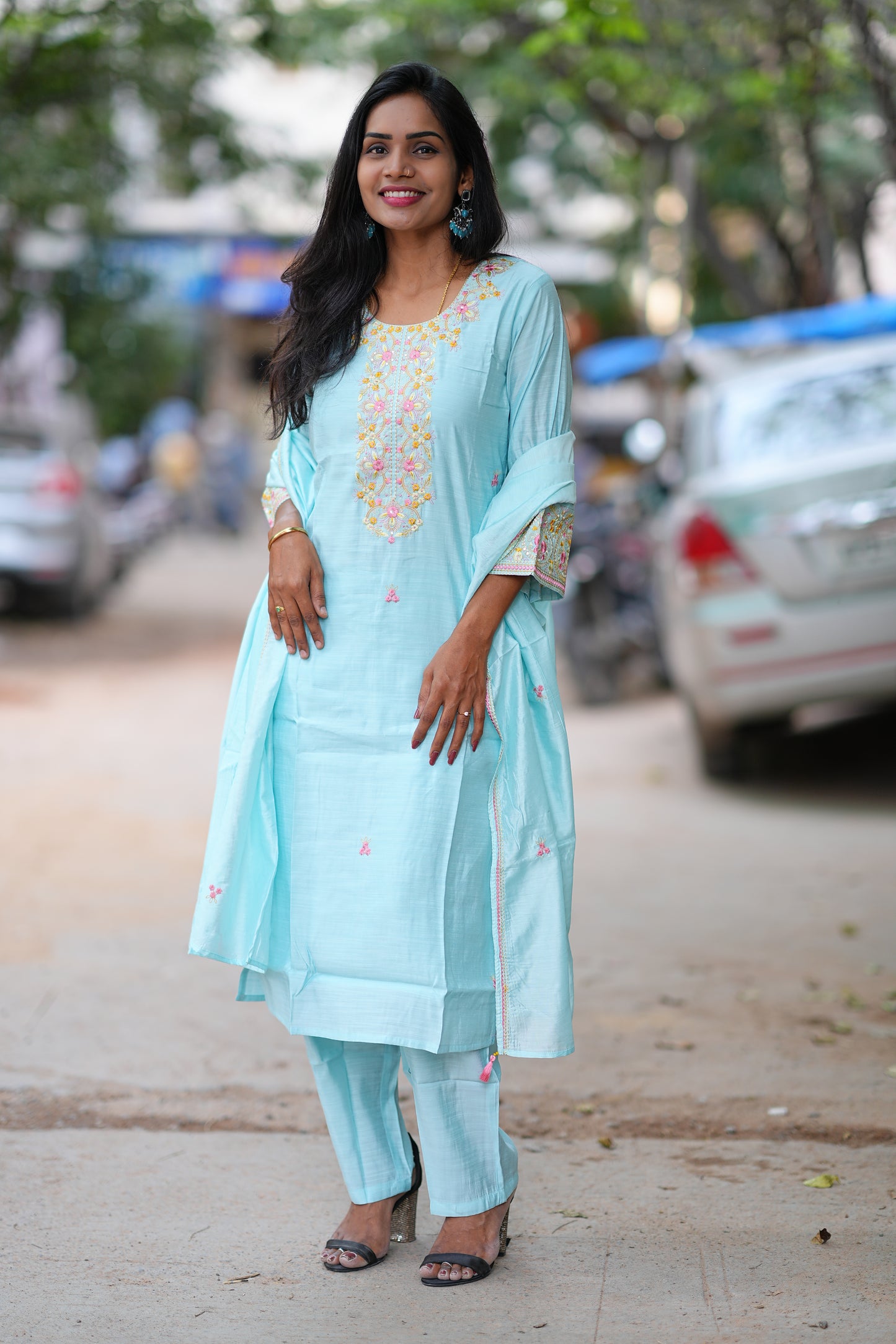 Sky Blue Color Festive Wear 3 Piece Set in Viscose Fabric