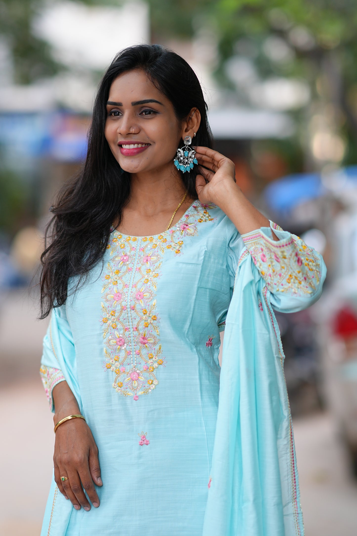 Sky Blue Color Festive Wear 3 Piece Set in Viscose Fabric