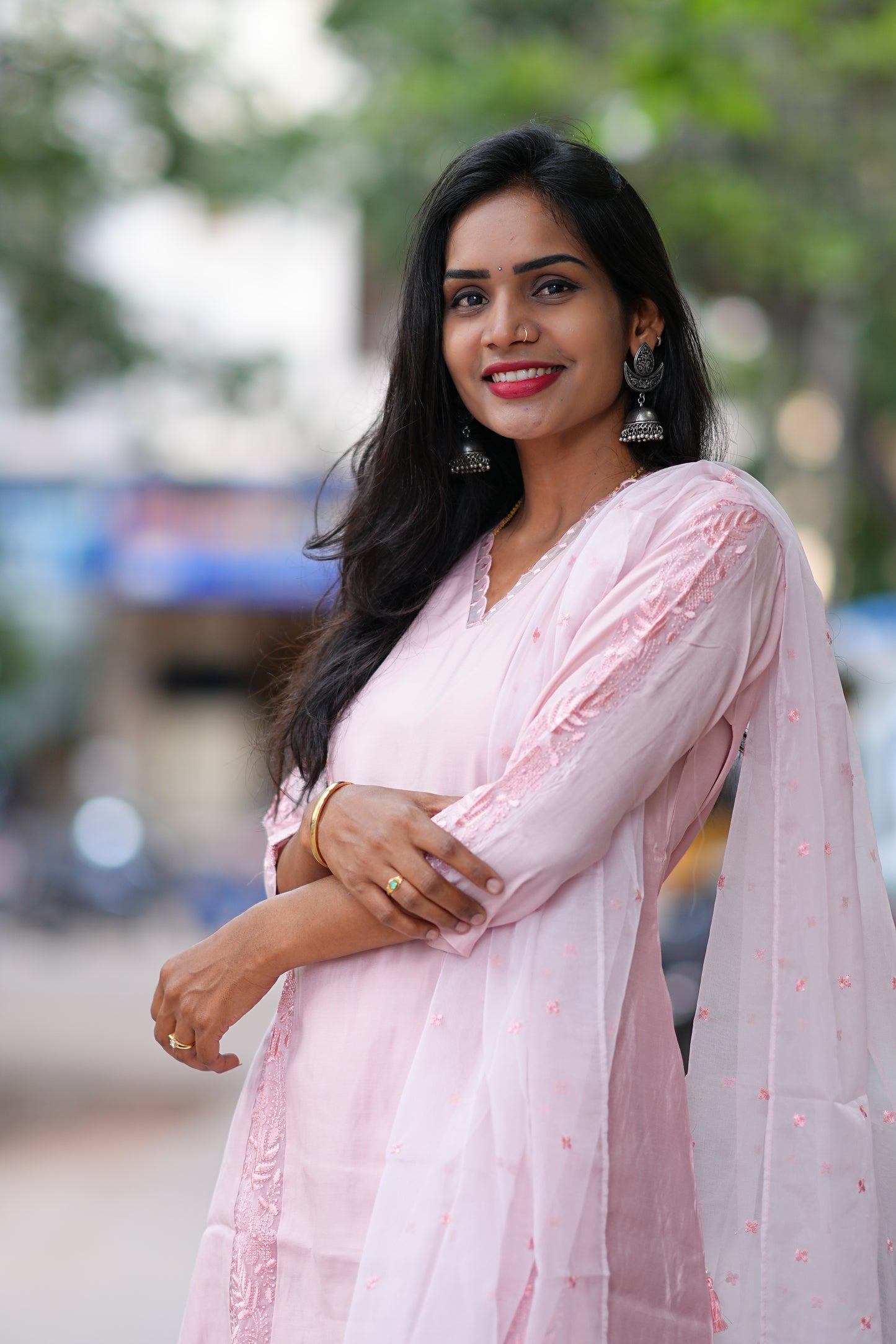 Light Peach Color Designer Wear 3 Piece Set in Viscose Fabric