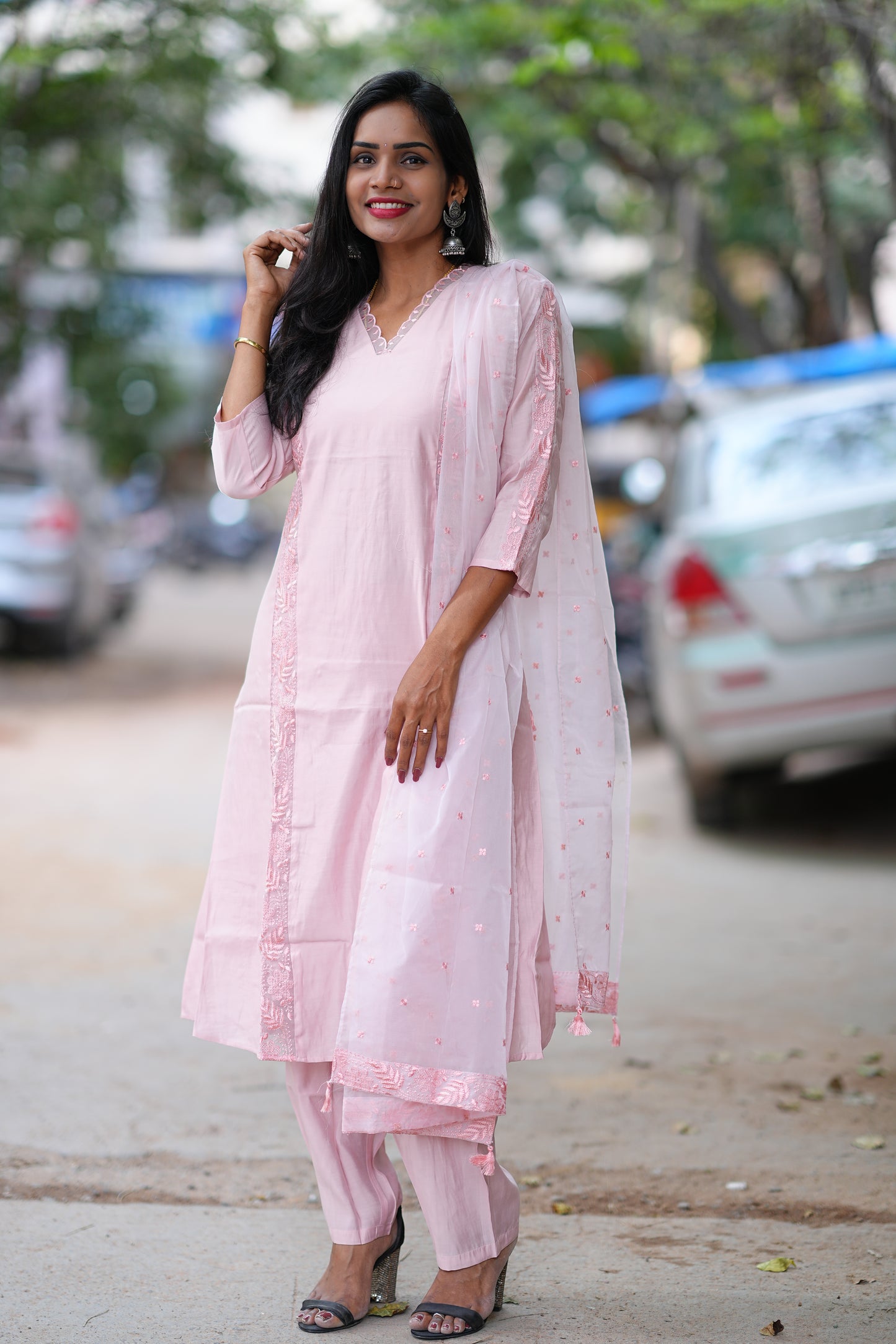 Light Peach Color Designer Wear 3 Piece Set in Viscose Fabric