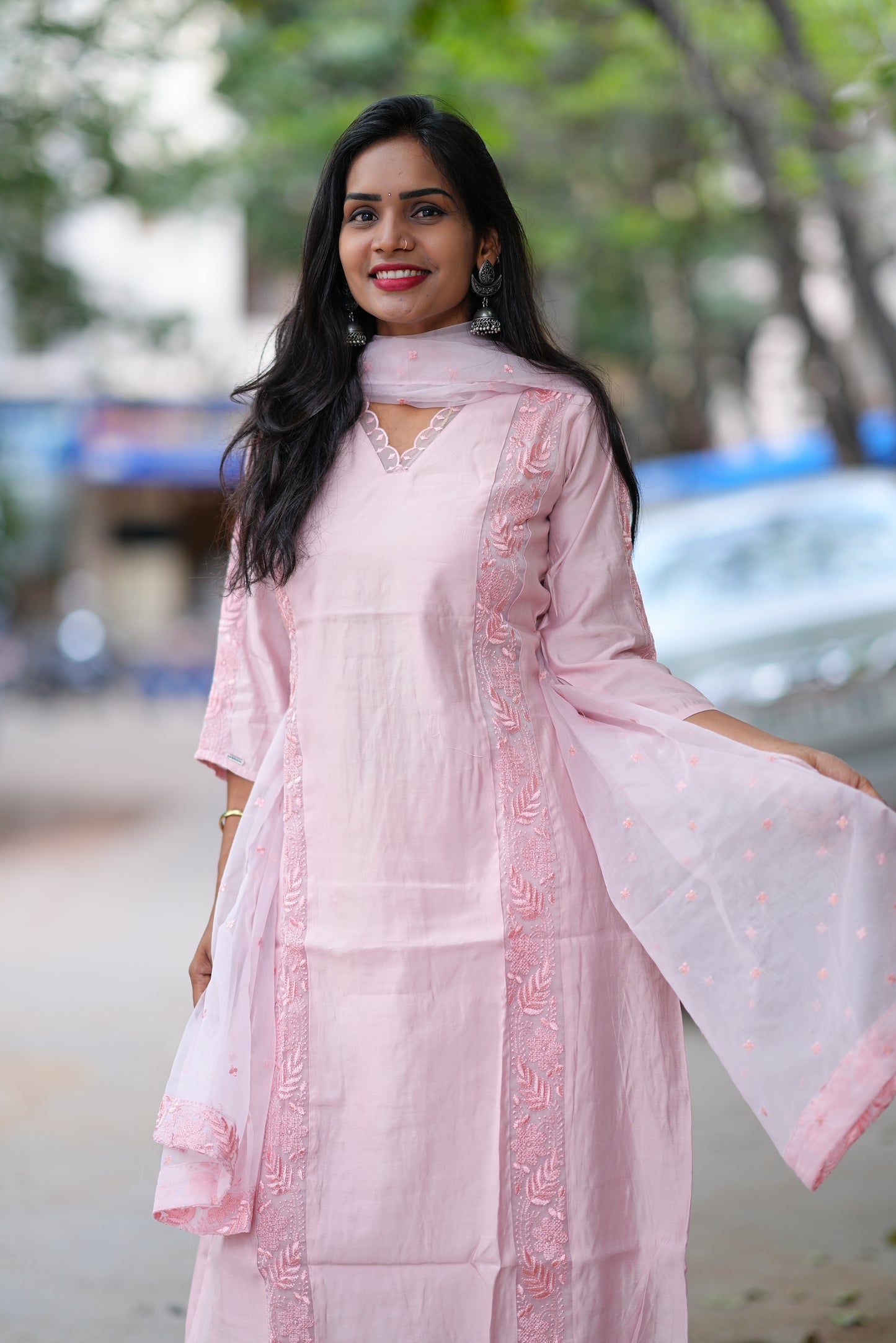 Light Peach Color Designer Wear 3 Piece Set in Viscose Fabric