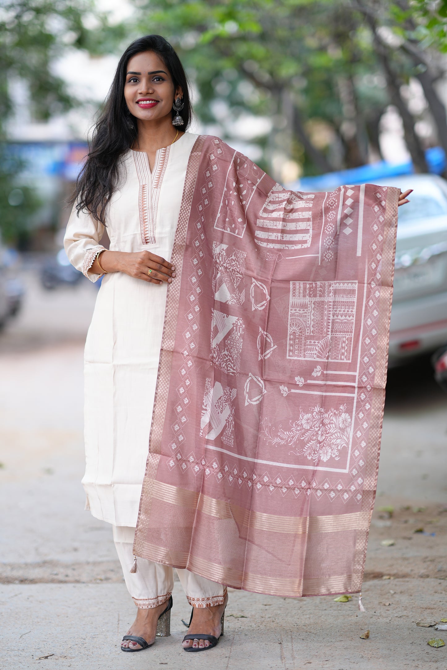 Chikoo Color Festival Wear 3 Piece Set With Contrast Duppata