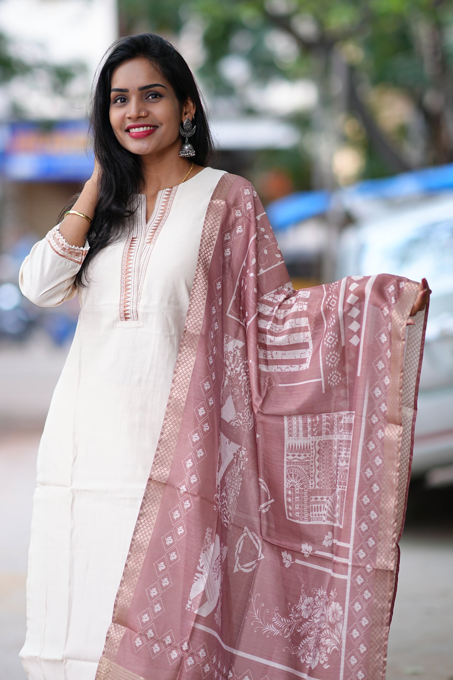 Chikoo Color Festival Wear 3 Piece Set With Contrast Duppata
