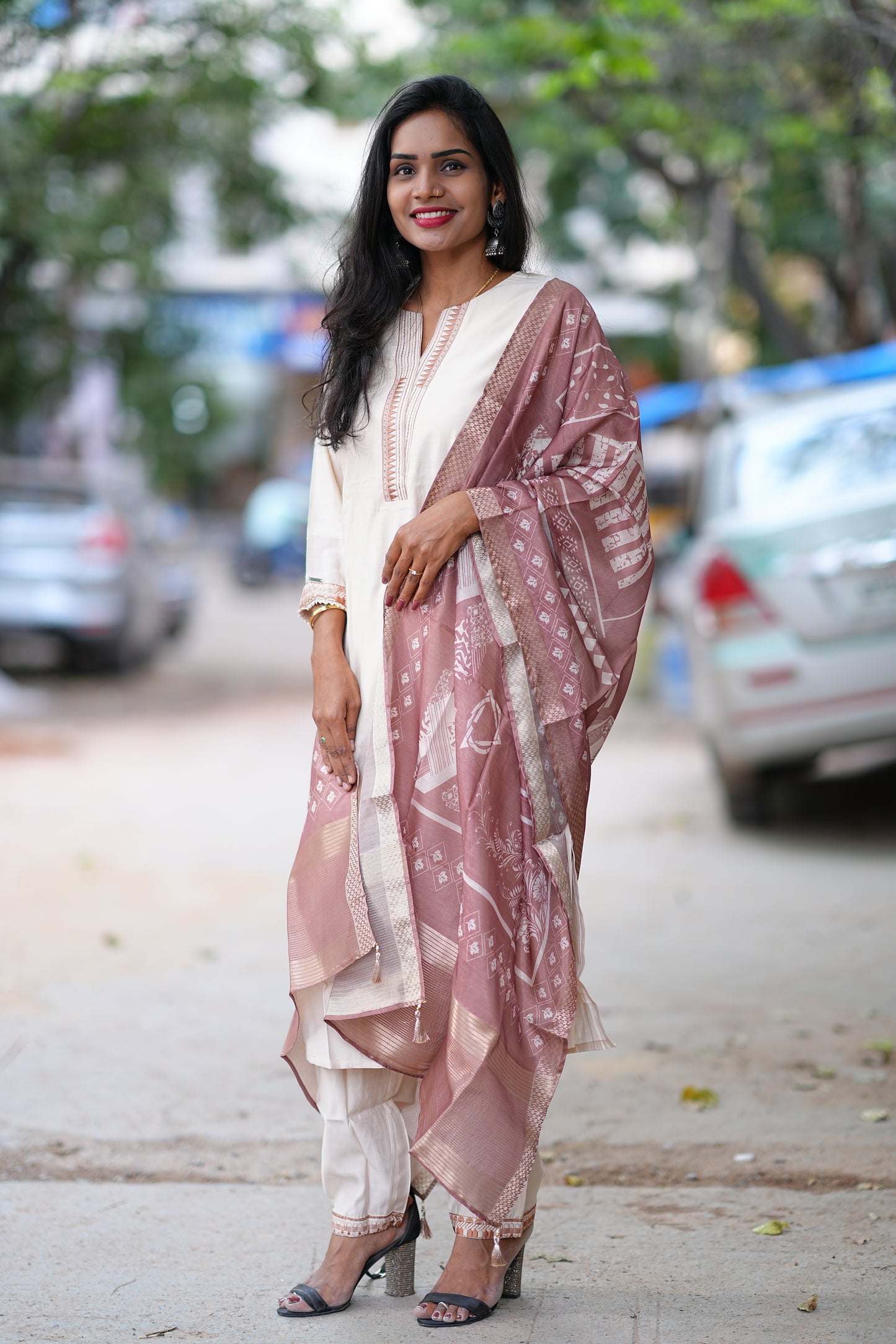 Chikoo Color Festival Wear 3 Piece Set With Contrast Duppata
