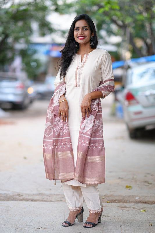 Chikoo Color Festival Wear 3 Piece Set With Contrast Duppata