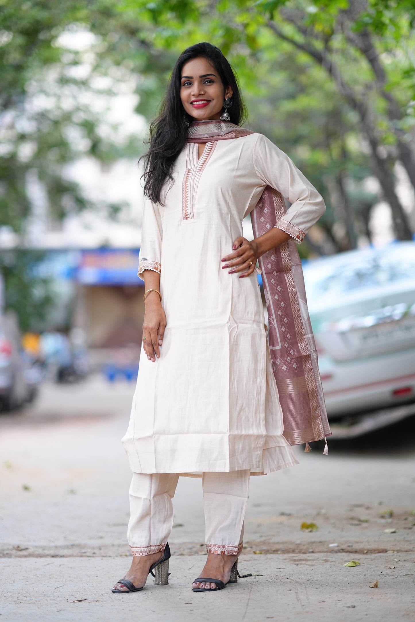 Chikoo Color Festival Wear 3 Piece Set With Contrast Duppata