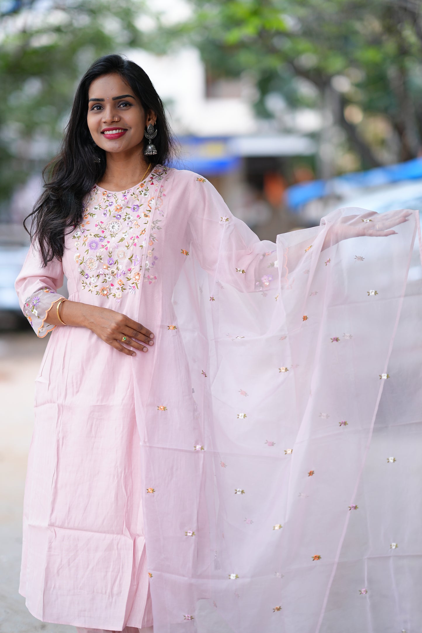 Peach Color Designer Wear Viscode Fabric 3 Piece Set