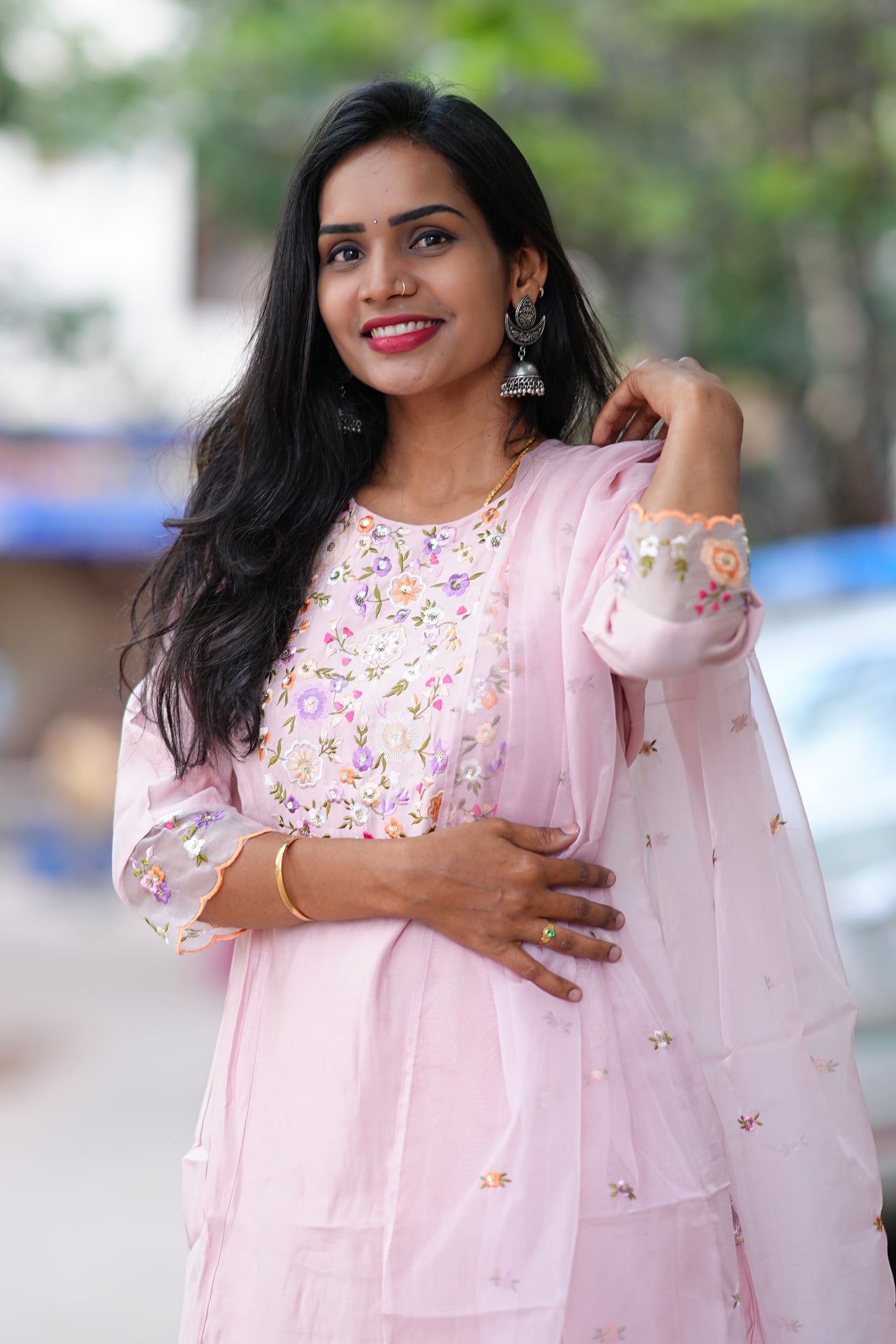 Peach Color Designer Wear Viscode Fabric 3 Piece Set