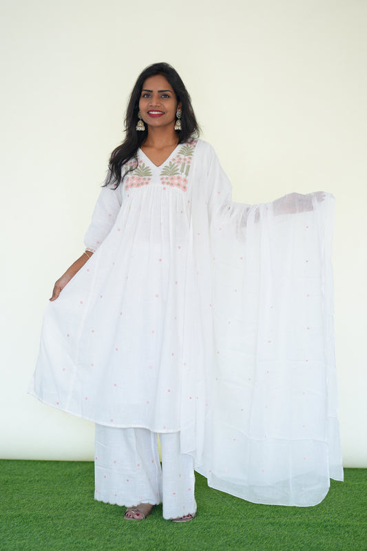White Color Jaipuri Slub Cotton 3 Piece Set With Embroidery Work and Complete Lining