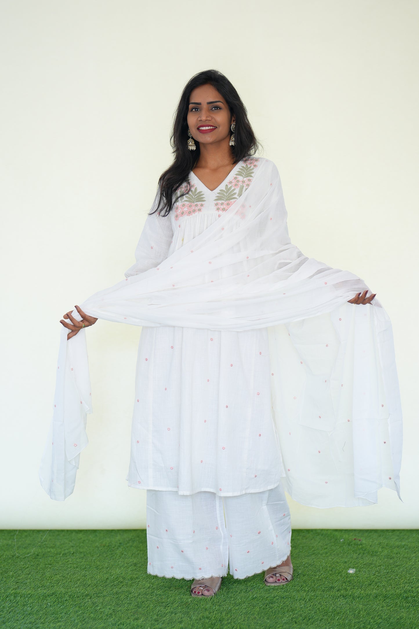 White Color Jaipuri Slub Cotton 3 Piece Set With Embroidery Work and Complete Lining