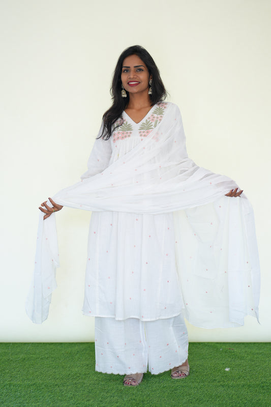 White Color Jaipuri Slub Cotton 3 Piece Set With Embroidery Work and Complete Lining