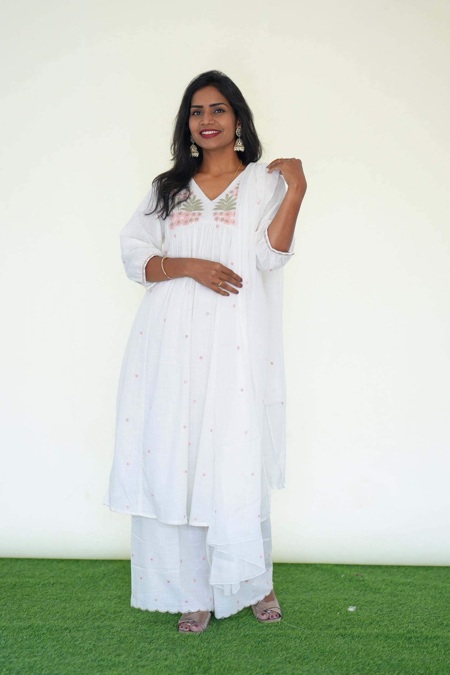 White Color Jaipuri Slub Cotton 3 Piece Set With Embroidery Work and Complete Lining