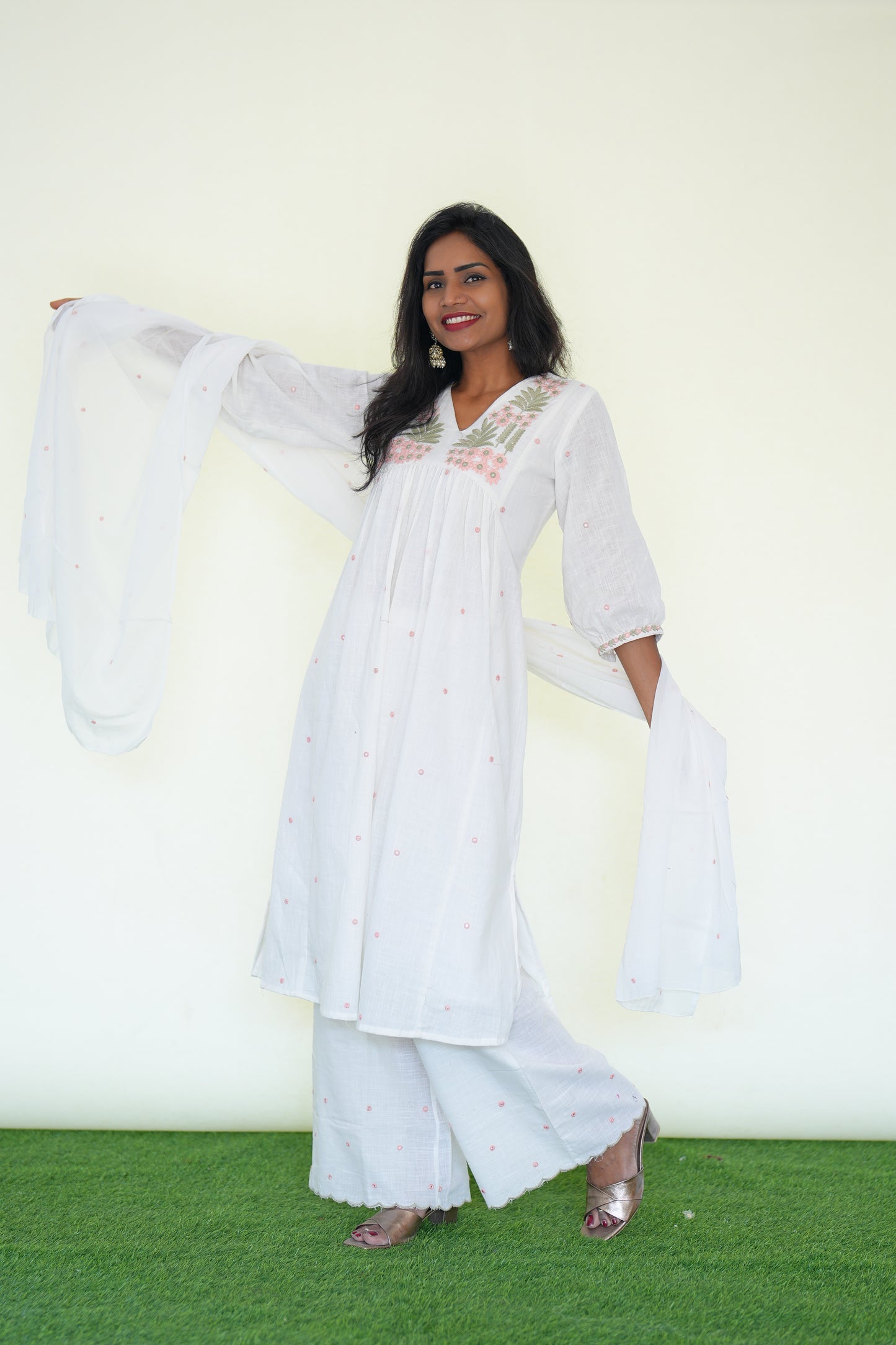 White Color Jaipuri Slub Cotton 3 Piece Set With Embroidery Work and Complete Lining