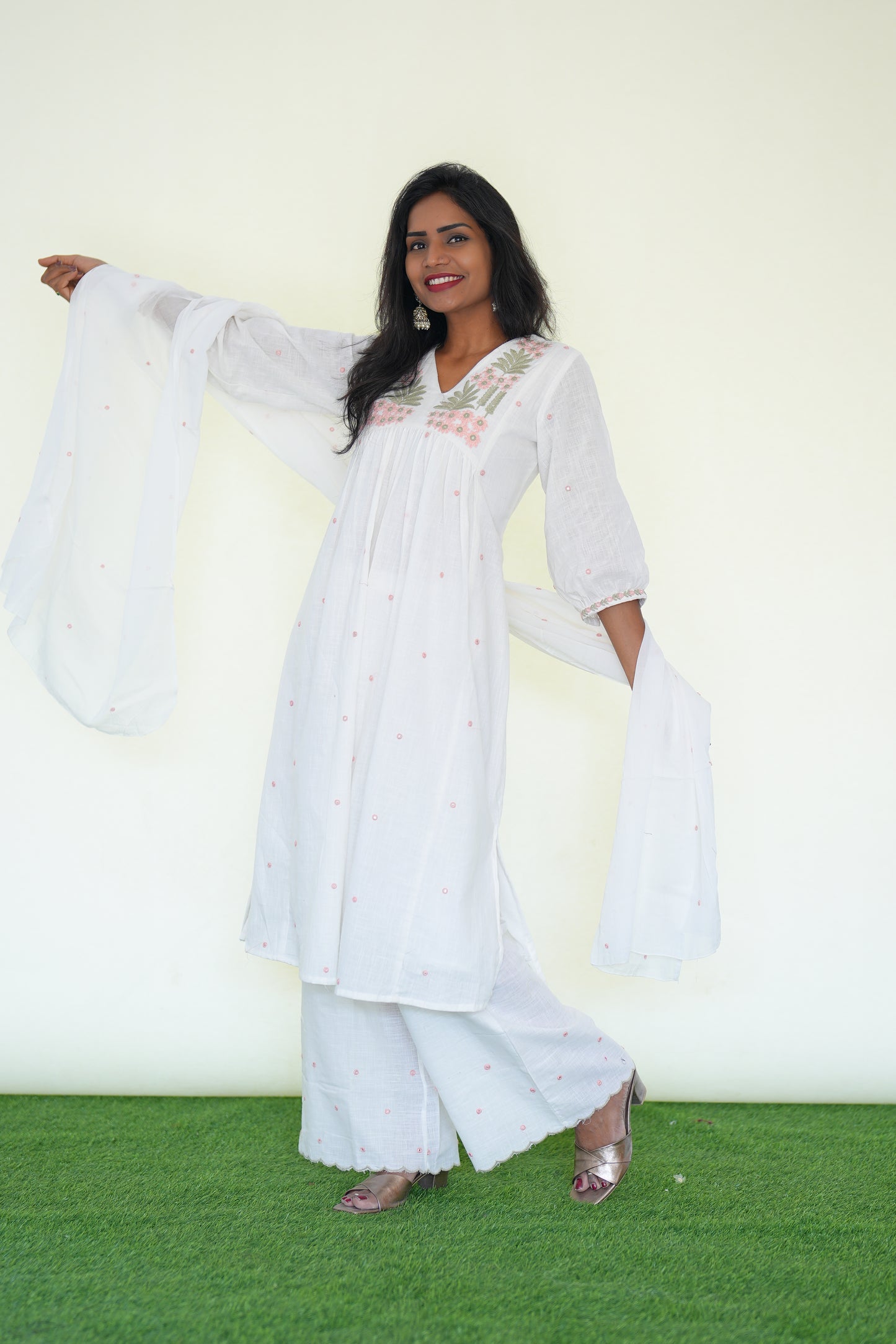 White Color Jaipuri Slub Cotton 3 Piece Set With Embroidery Work and Complete Lining