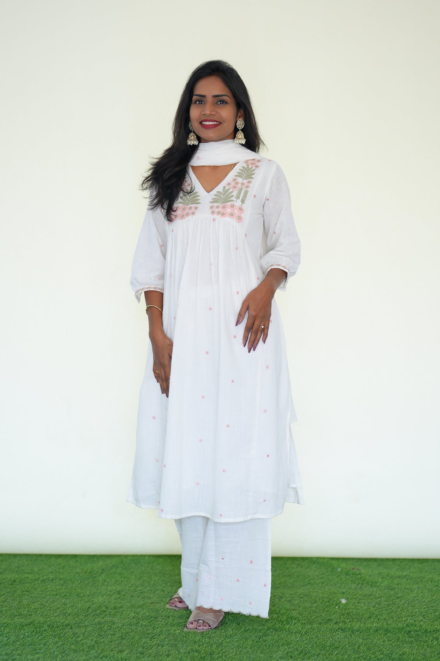 White Color Jaipuri Slub Cotton 3 Piece Set With Embroidery Work and Complete Lining
